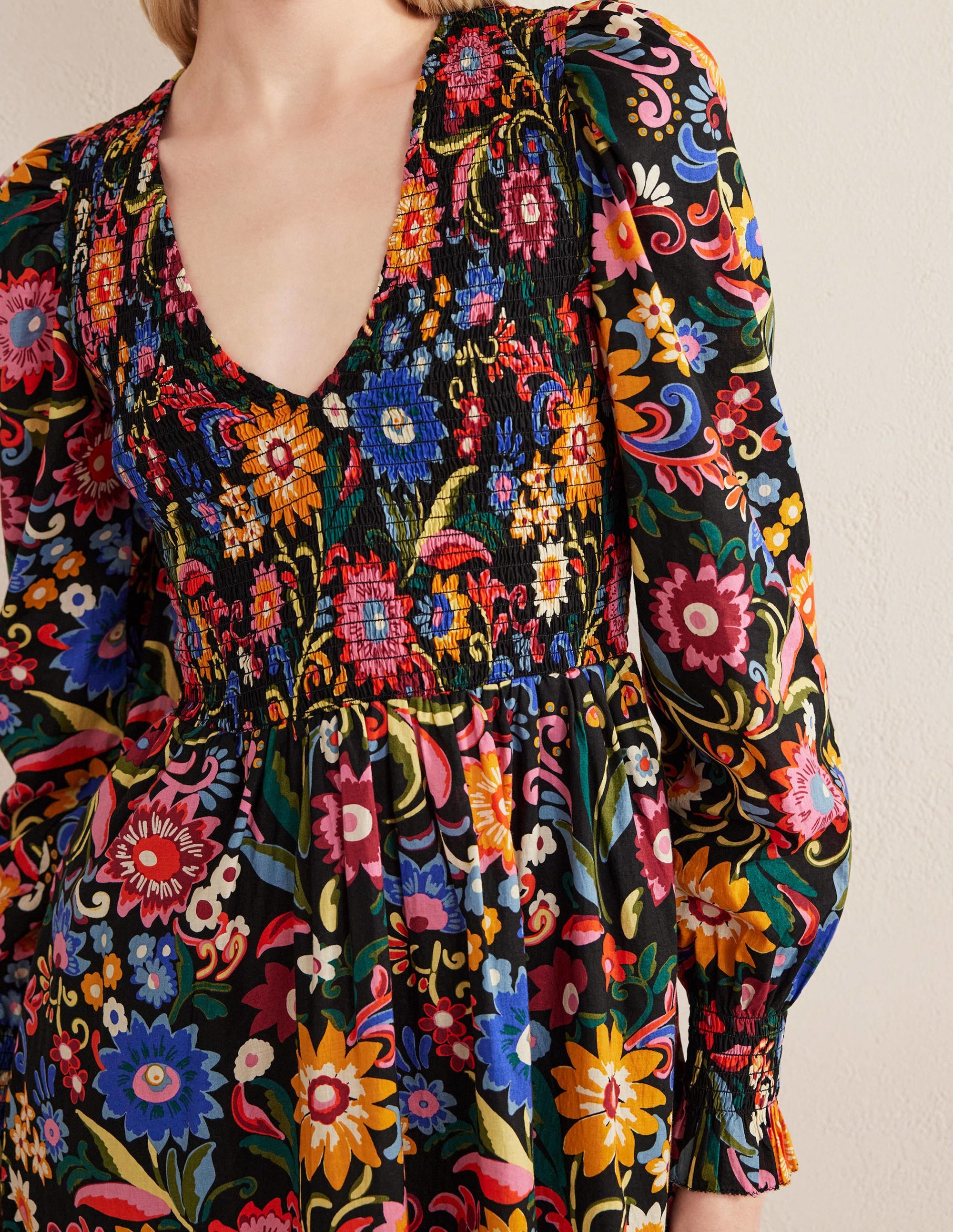 Smocked Bodice Mini Dress-Black, Gardenia Pop - Image 2