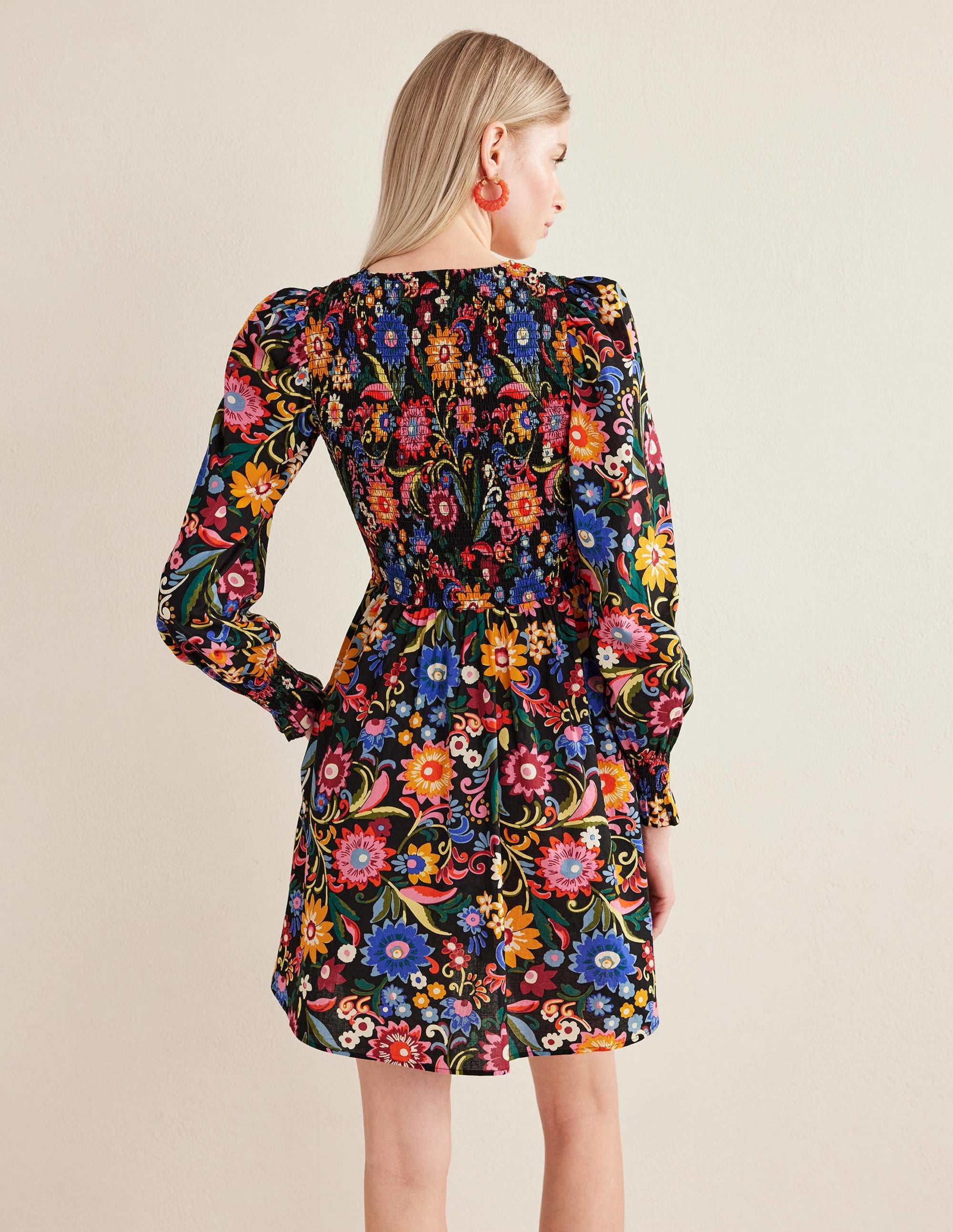 Smocked Bodice Mini Dress-Black, Gardenia Pop - Image 3
