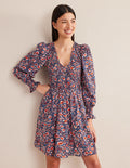 Smocked Bodice Mini Dress-French Navy, Eden Bloom