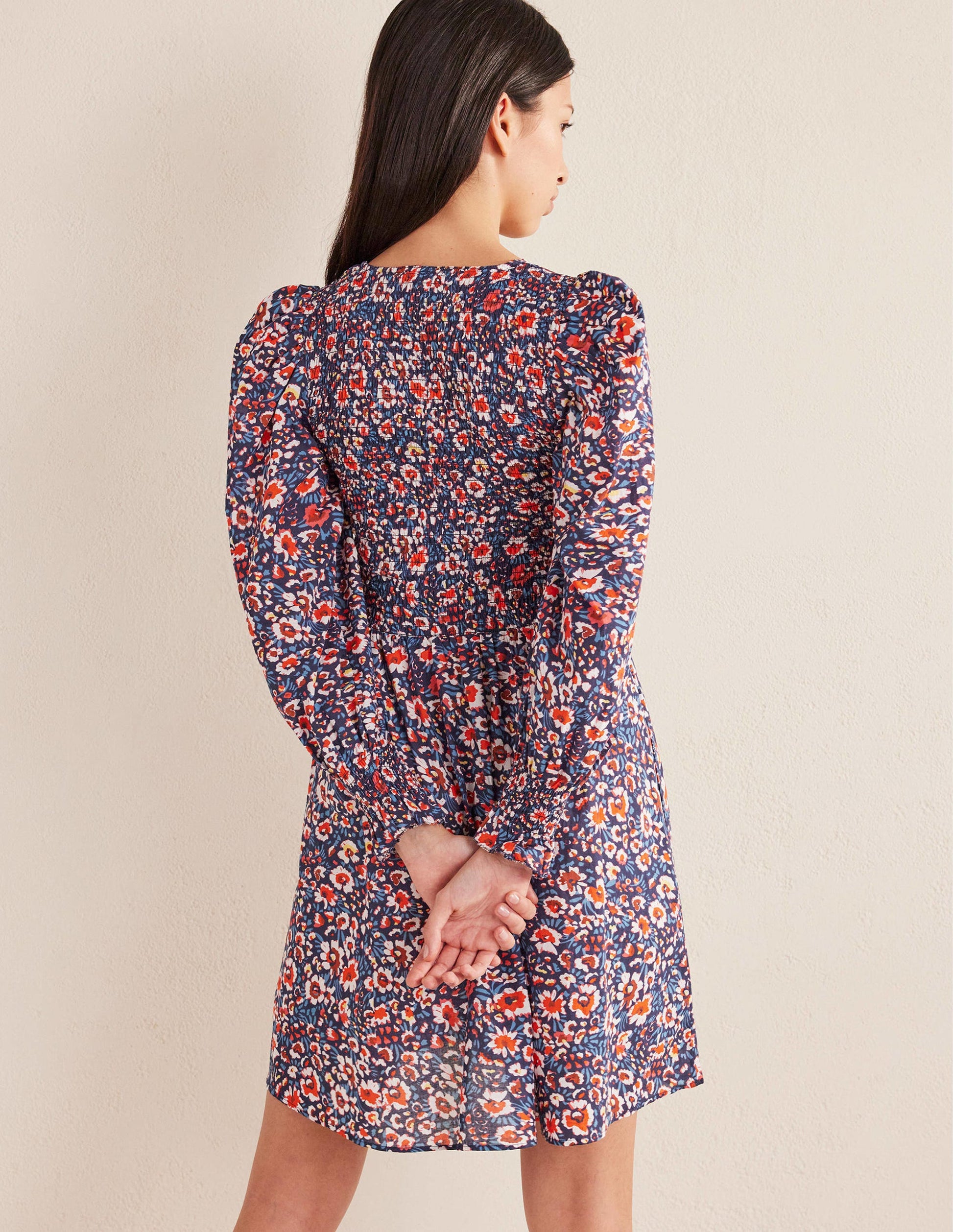 Smocked Bodice Mini Dress-French Navy, Eden Bloom-3