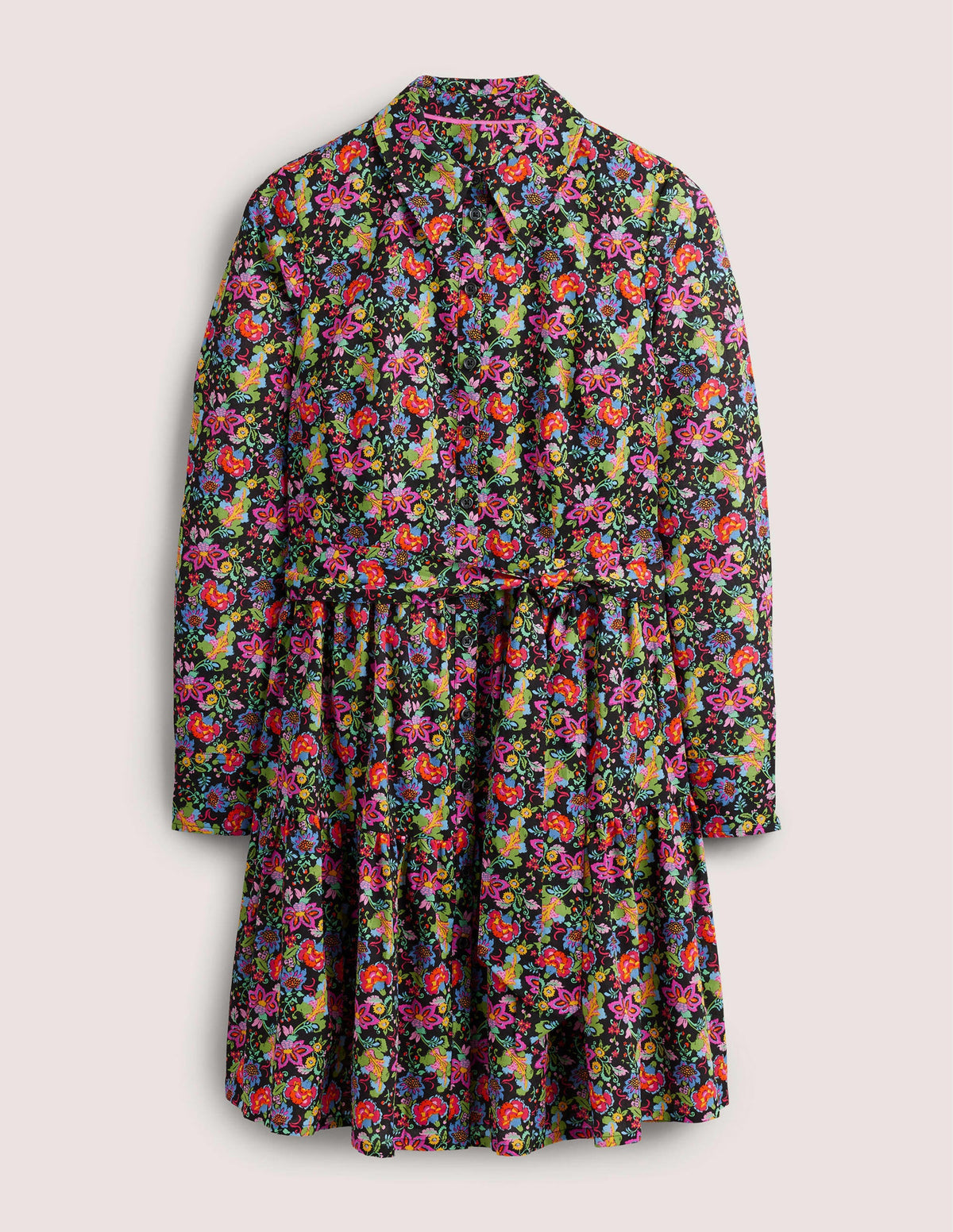 Tiered Cotton Mini Shirt Dress-Black, Carnation Garden-6