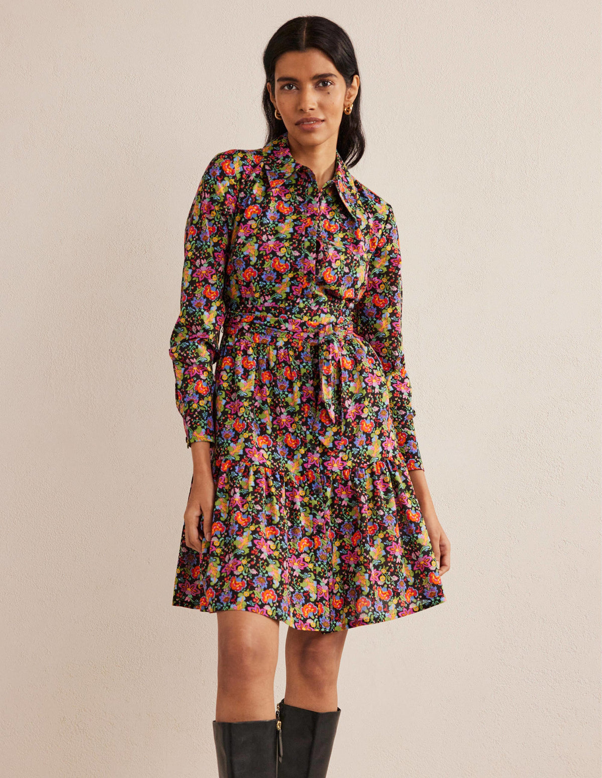 Tiered Cotton Mini Shirt Dress-Black, Carnation Garden-1