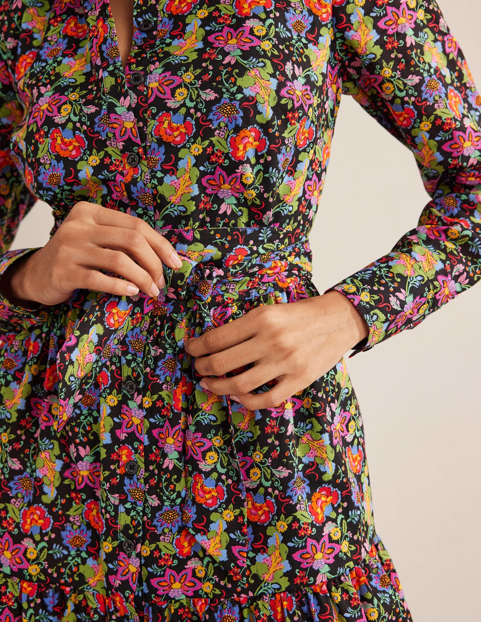 Tiered Cotton Mini Shirt Dress-Black, Carnation Garden - Image 2