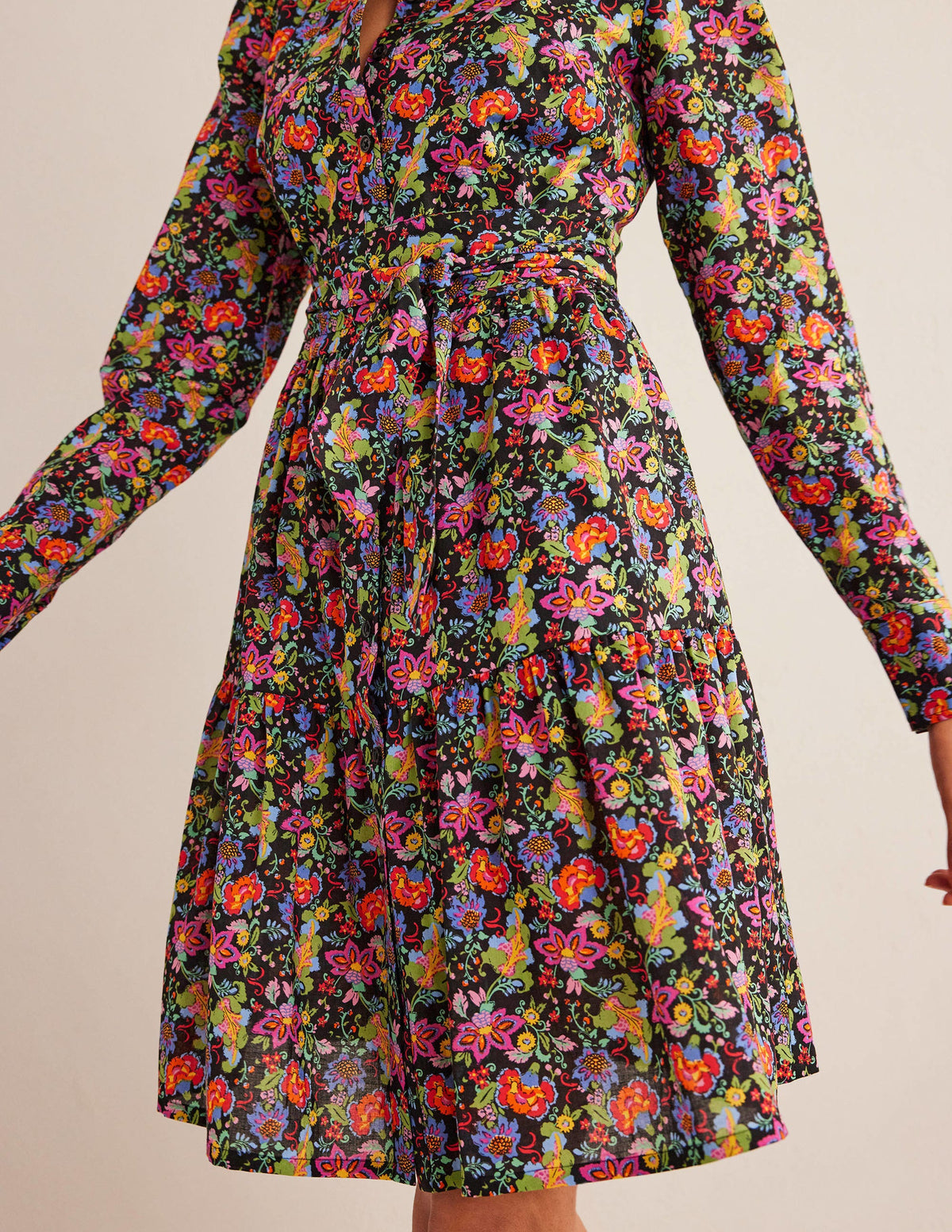 Tiered Cotton Mini Shirt Dress-Black, Carnation Garden - Image 4
