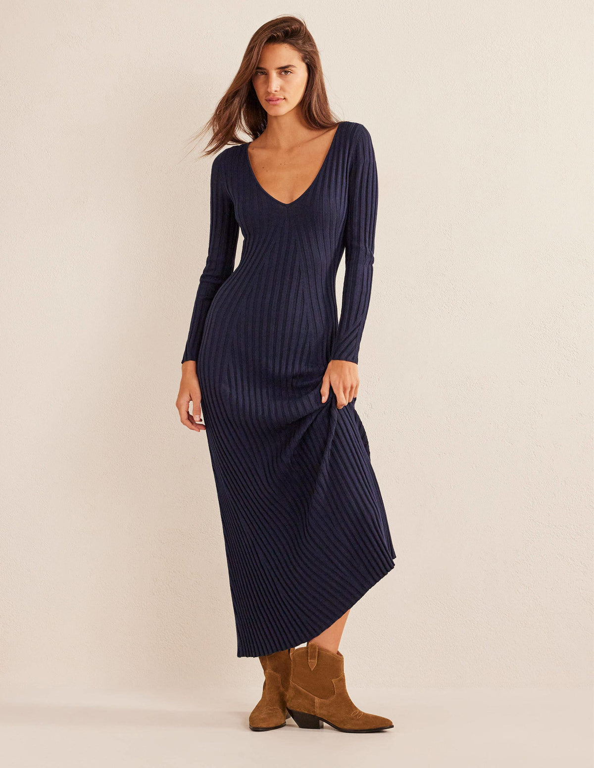 Ribbed Knitted Maxi Dress-Navy-2