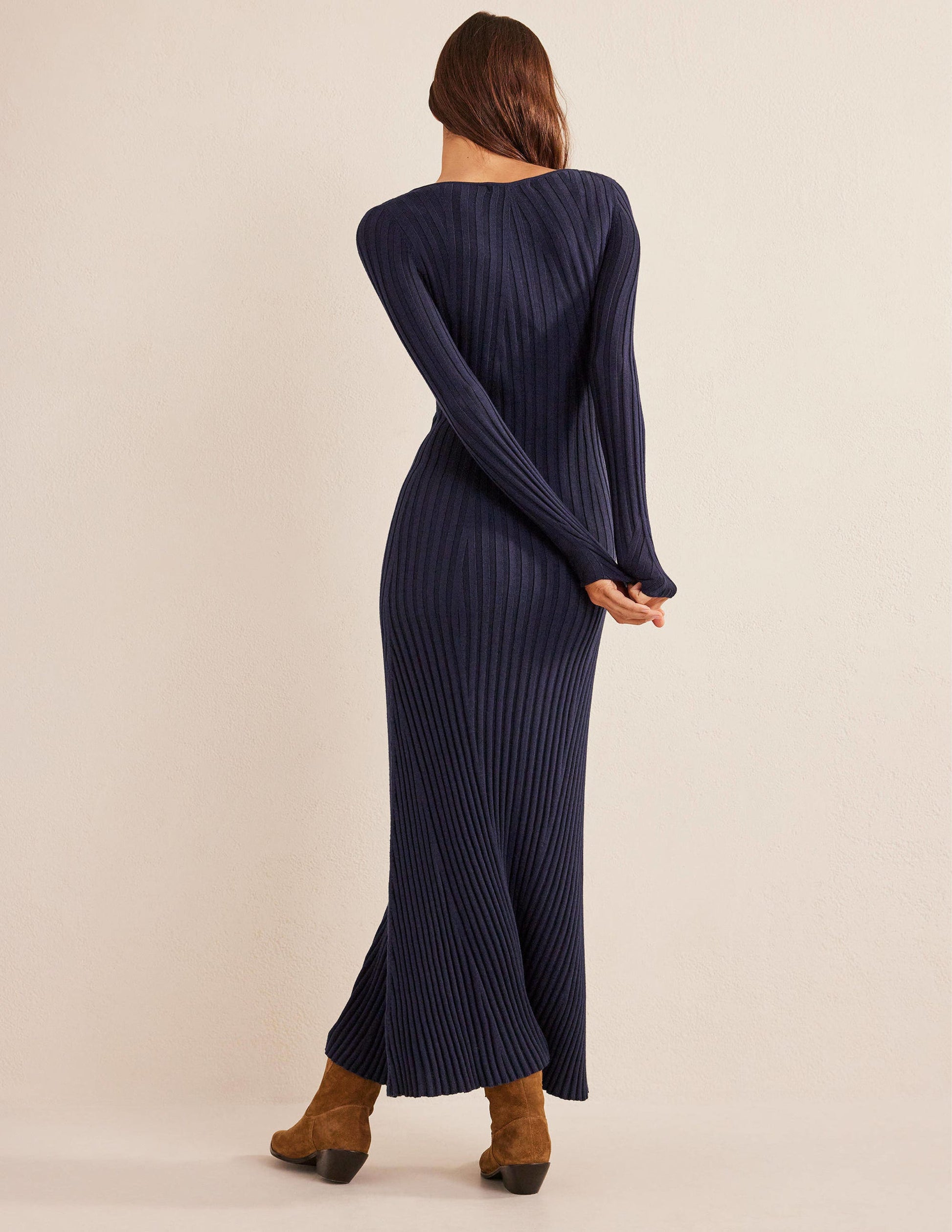 Ribbed Knitted Maxi Dress-Navy-4