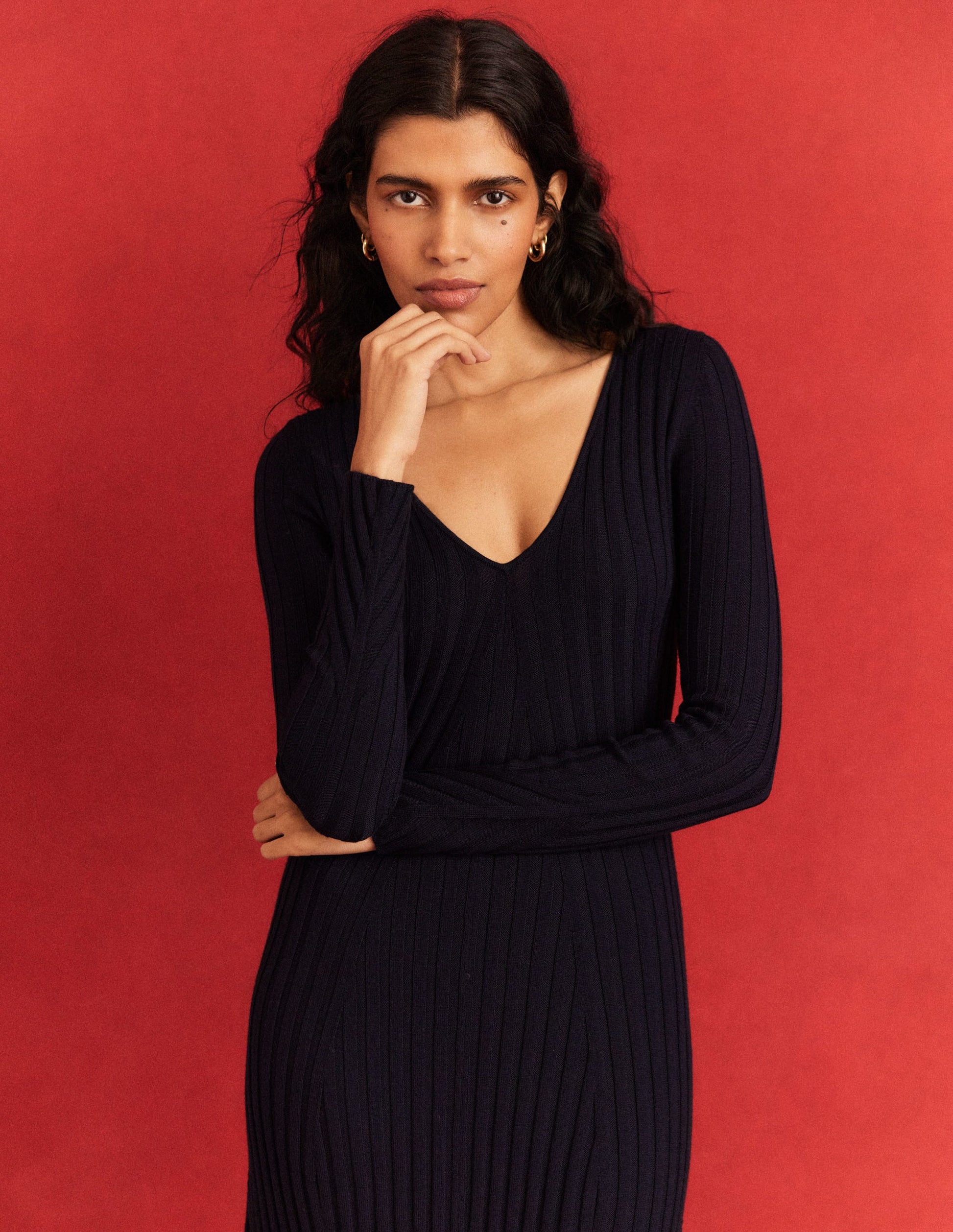 Ribbed Knitted Maxi Dress-Navy-7