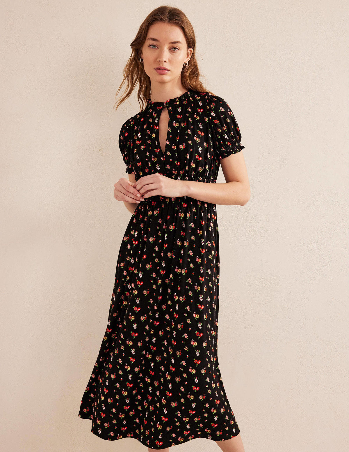 Rosanna Jersey Midi Tea Dress-Black, Dainty Sprig - Image 1