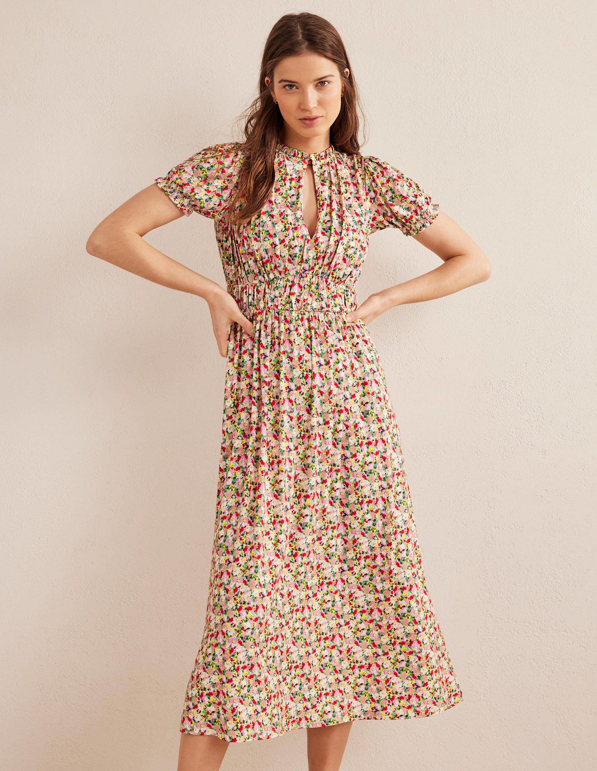 Rosanna Jersey Midi Tea Dress-Multi, Painterly Floret-1