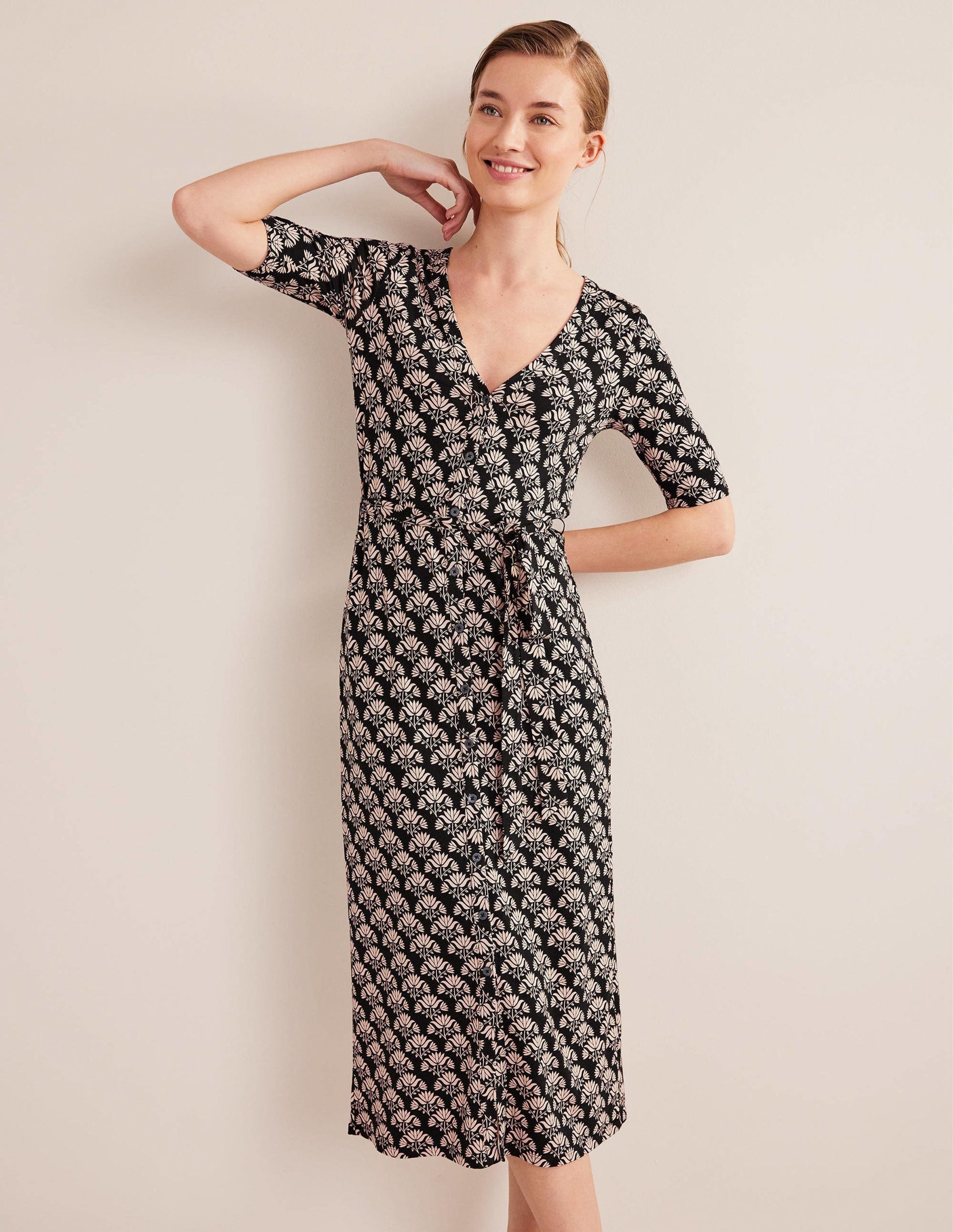 Button Front Jersey Midi Dress-Black, Passion Stamp-1