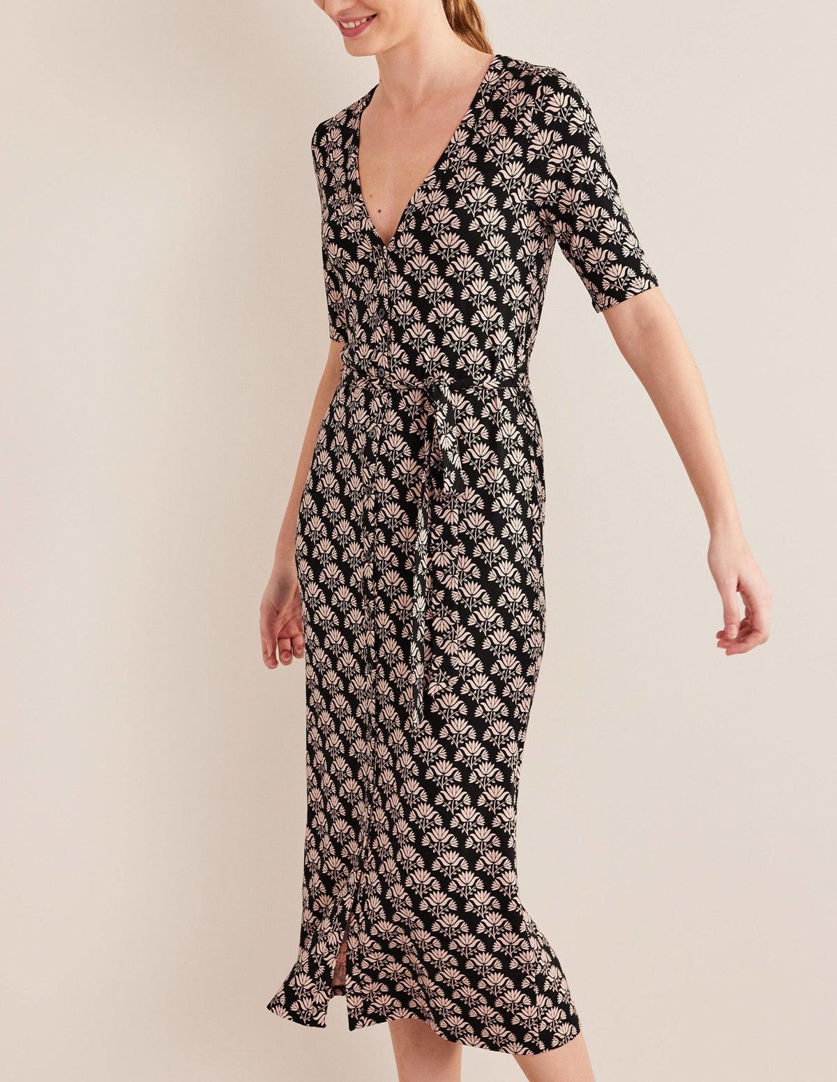Button Front Jersey Midi Dress-Black, Passion Stamp-2