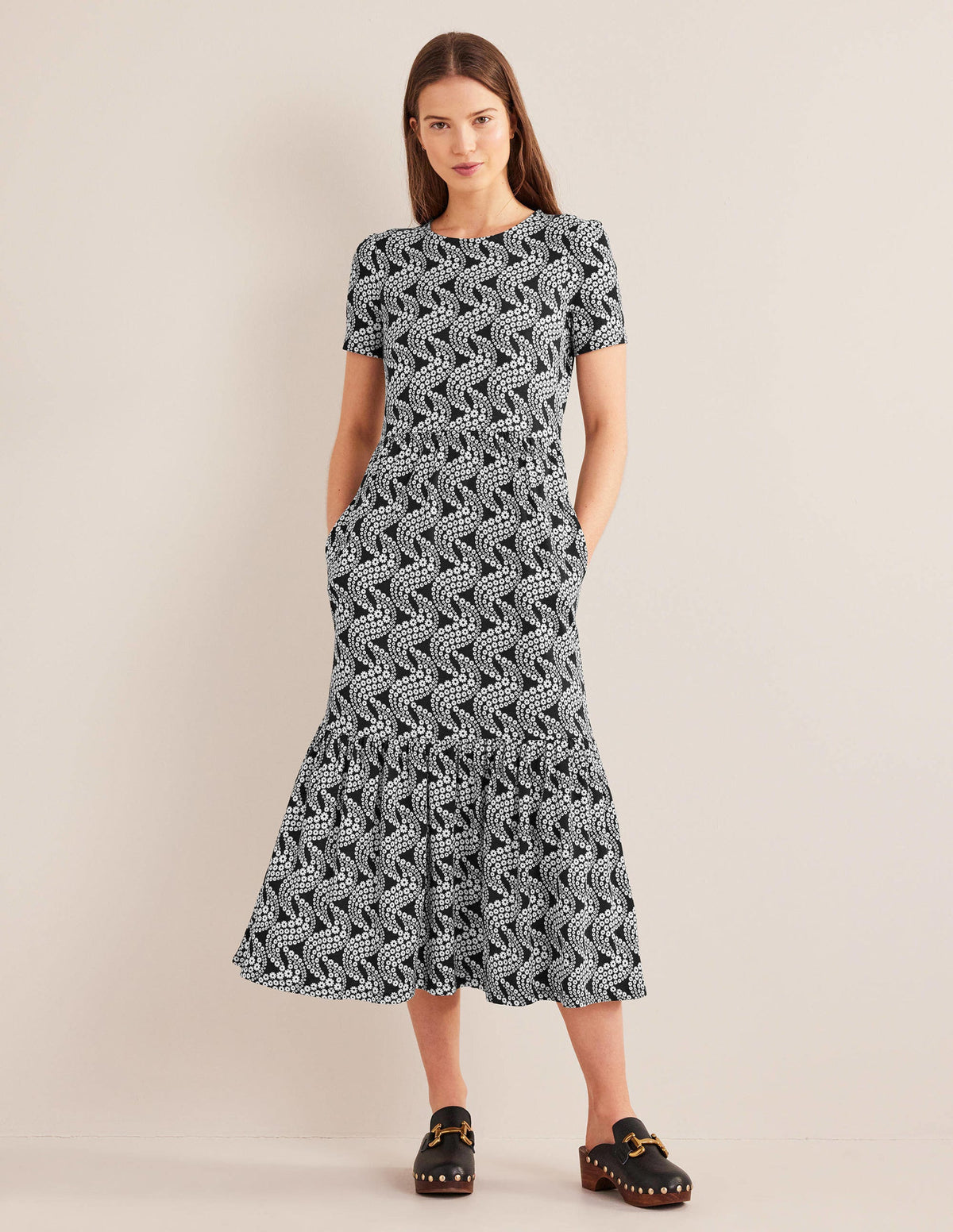 Emma Tiered Jersey Midi Dress-Black, Daisy Swirl-1