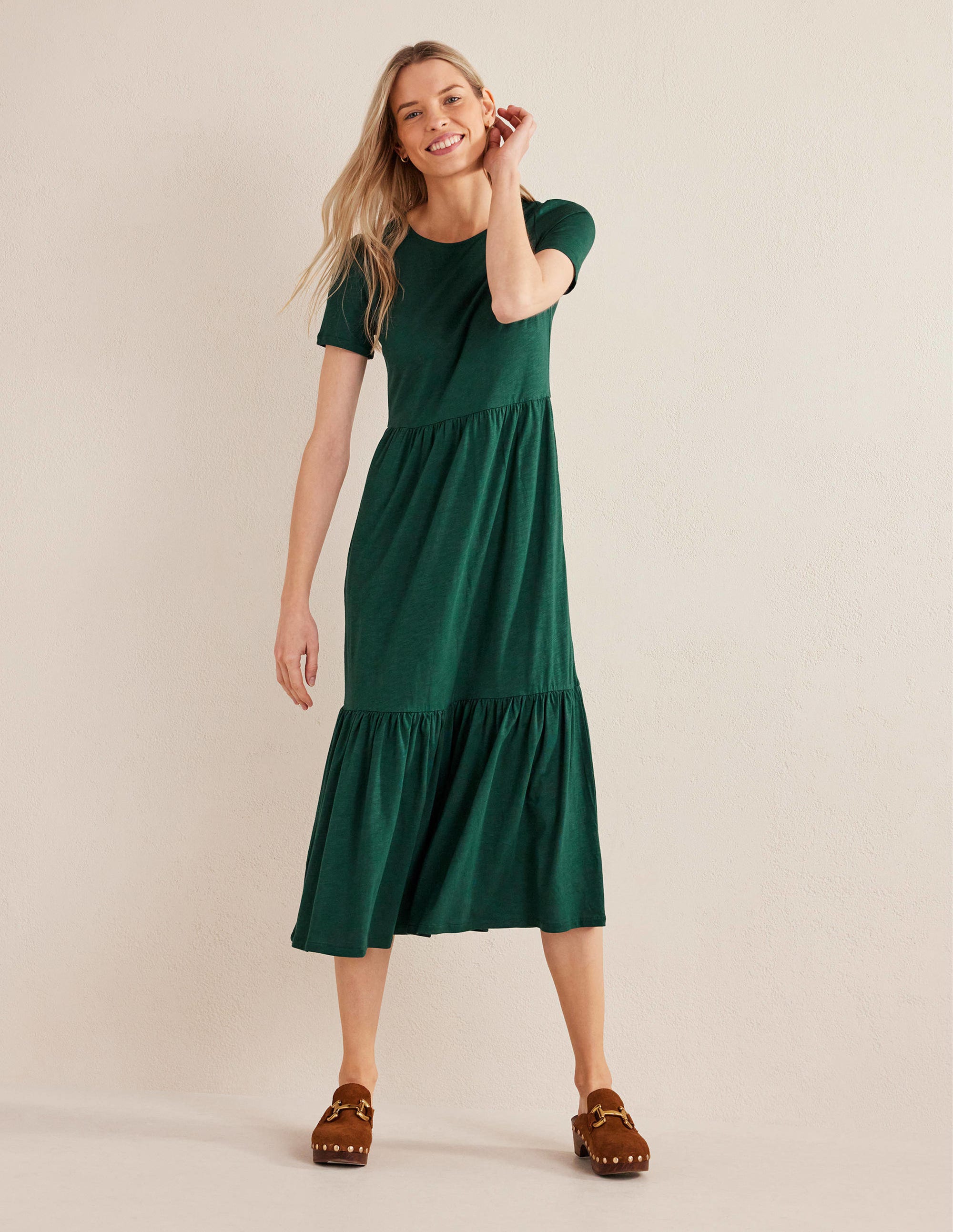 Emma Tiered Jersey Midi Dress-Emerald Night - Image 1