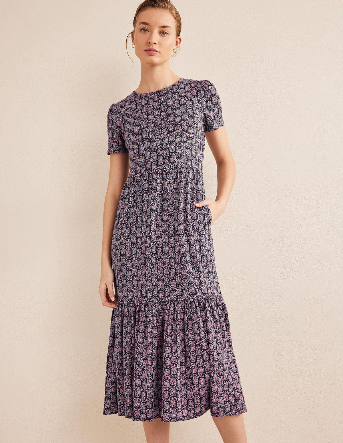 Emma Tiered Jersey Midi Dress-French Navy, Paisley Heart-1