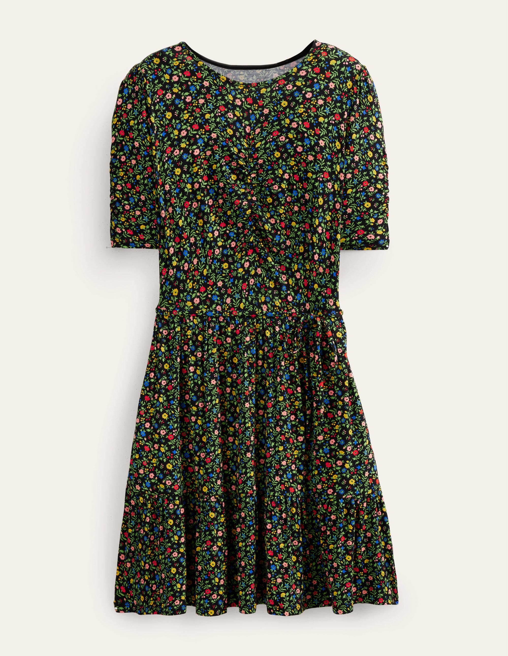 Ruched Bust Jersey Mini Dress-Black, Petal Foliage - Image 6