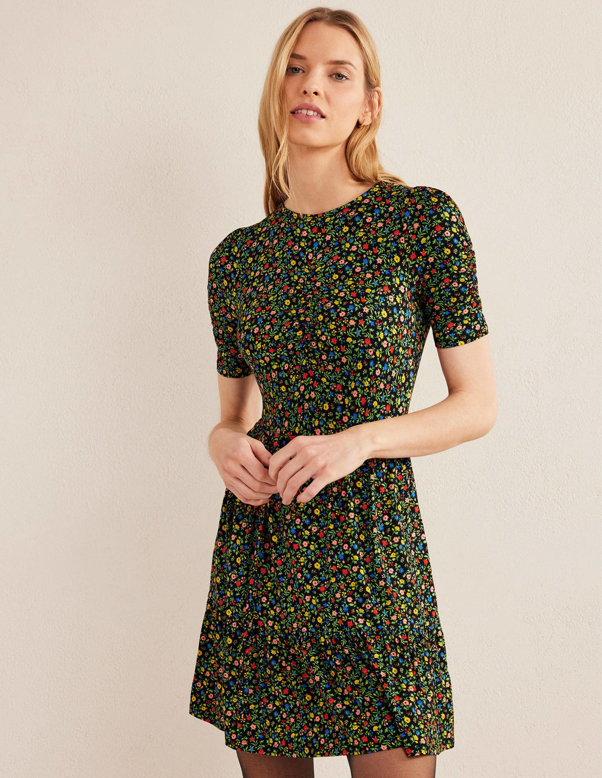 Ruched Bust Jersey Mini Dress-Black, Petal Foliage-1
