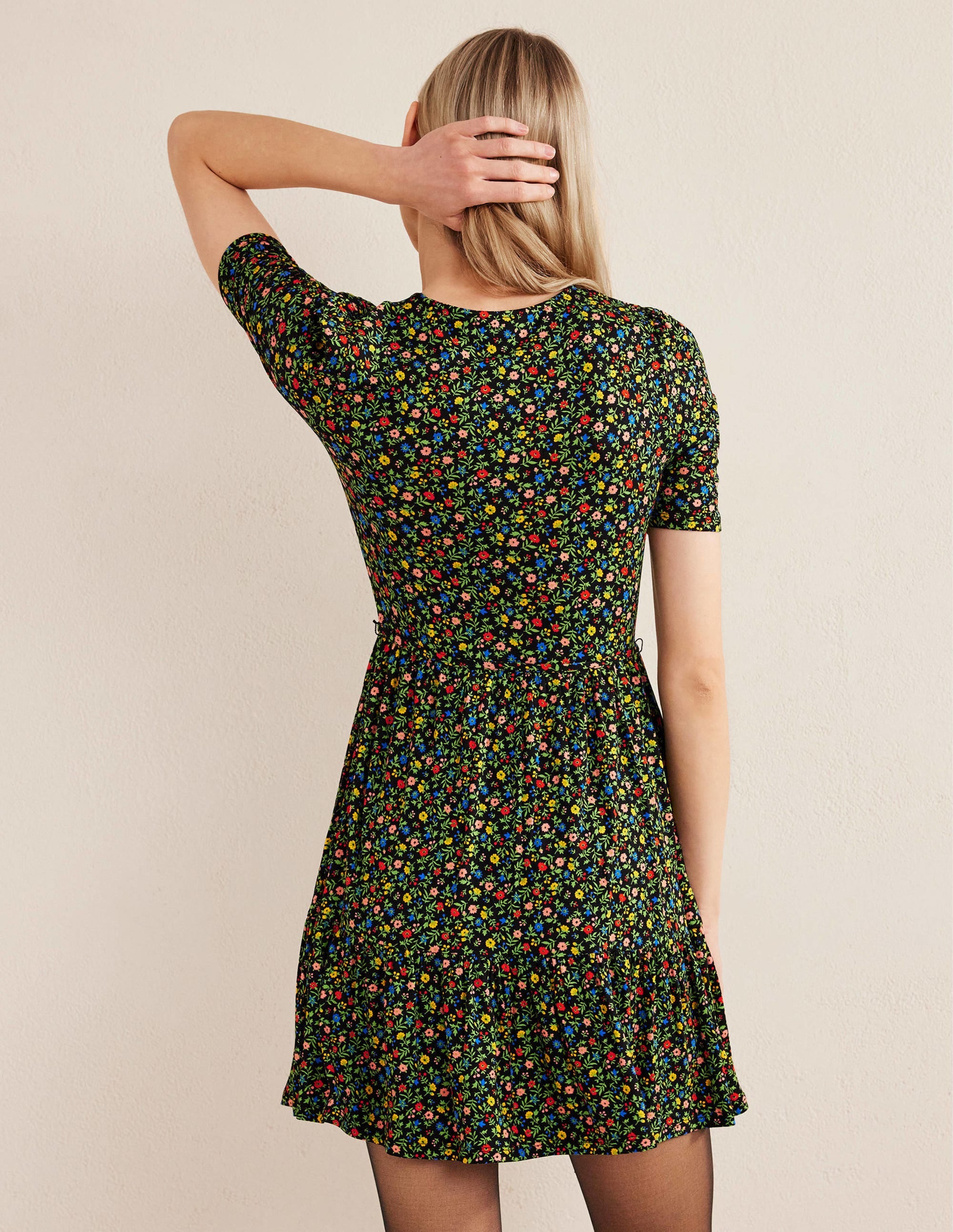 Ruched Bust Jersey Mini Dress-Black, Petal Foliage - Image 3