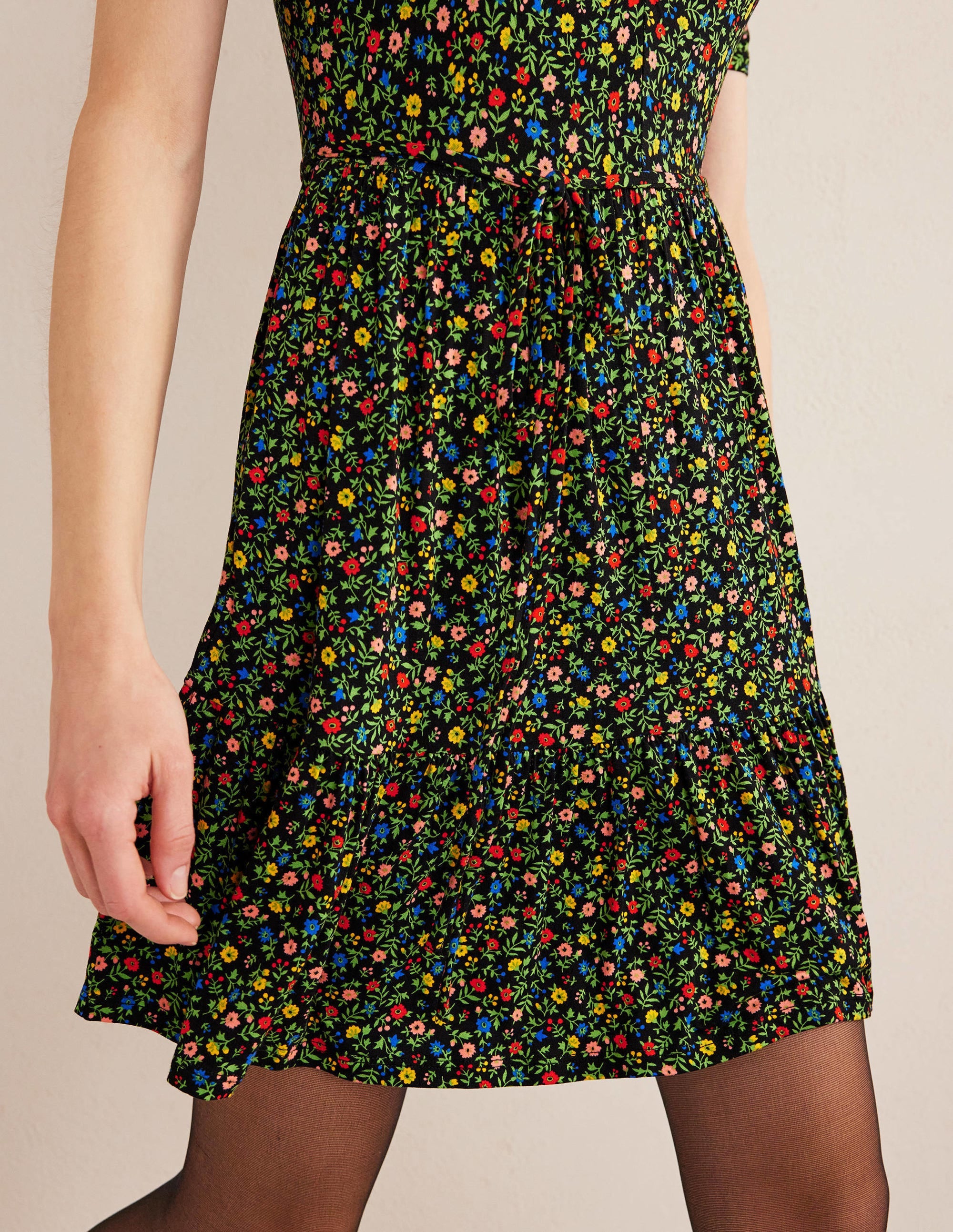 Ruched Bust Jersey Mini Dress-Black, Petal Foliage - Image 4