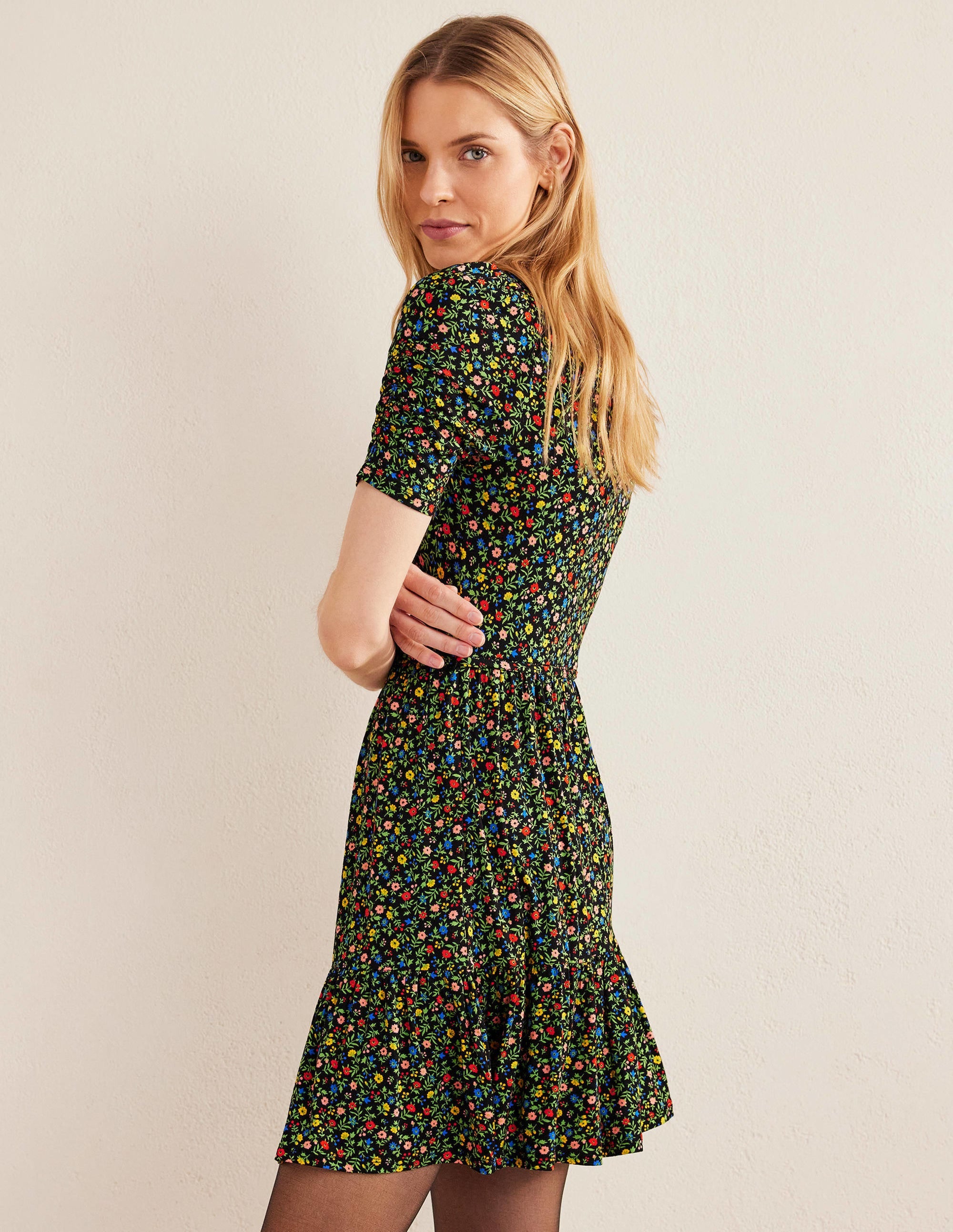 Ruched Bust Jersey Mini Dress-Black, Petal Foliage - Image 5