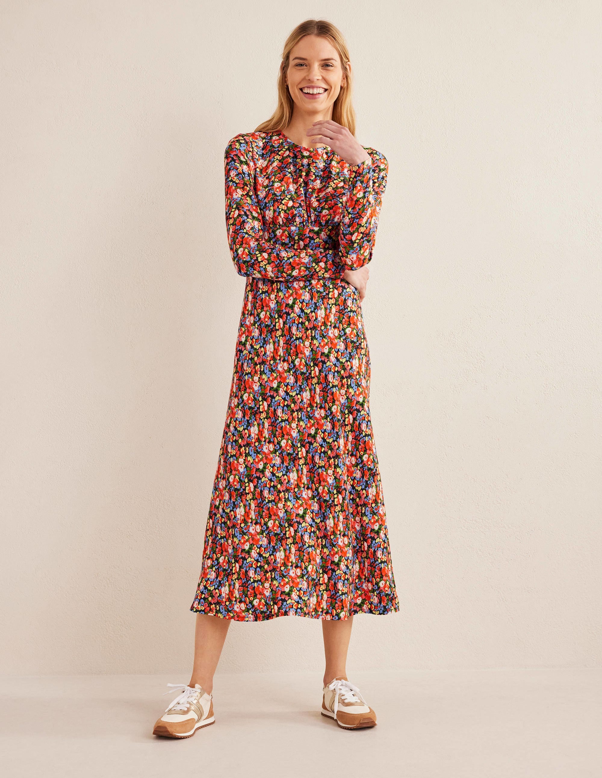 Crew Neck Midi Tea Dress-Multi, Peony Pop - Image 1