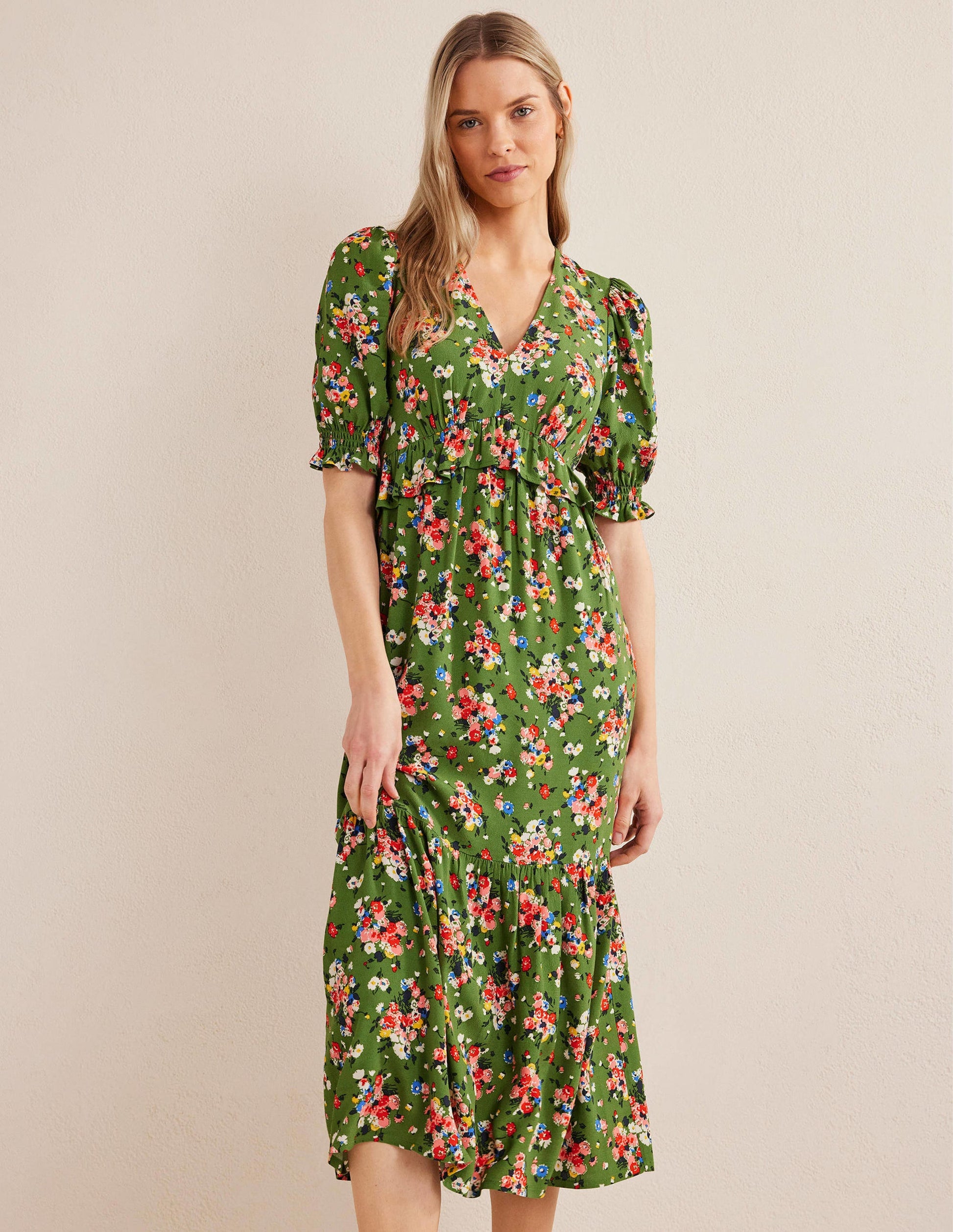 Ruffle Detail Midi Tea Dress-Park Ranger, Wild Cluster-1