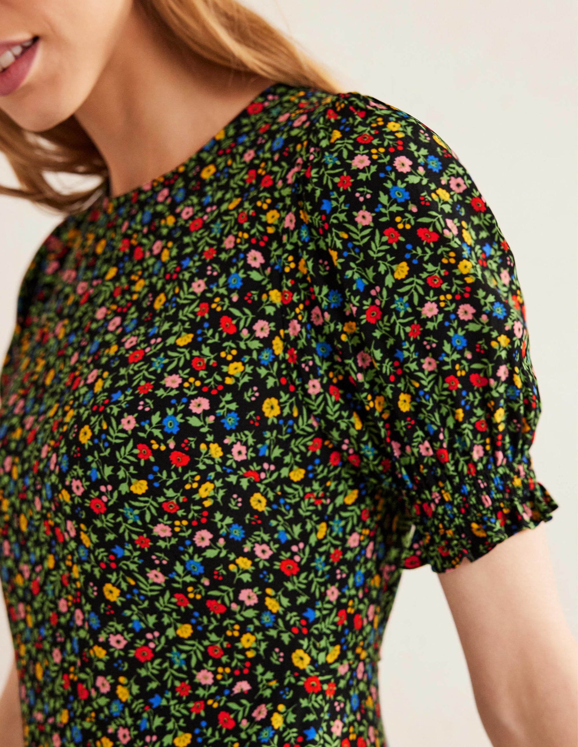 Corinne Midi Tea Dress-Black, Petal Foliage - Image 2