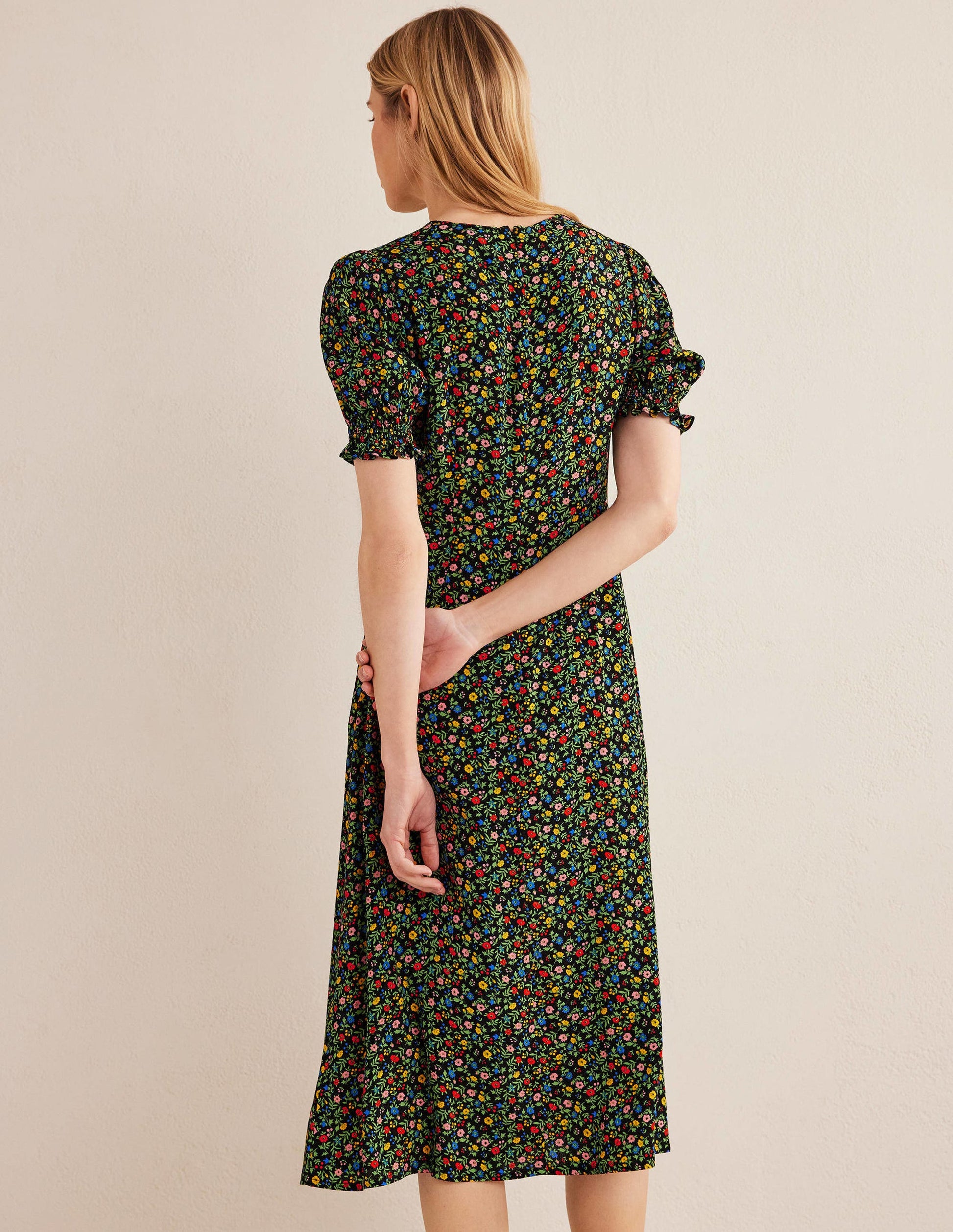 Corinne Midi Tea Dress-Black, Petal Foliage-3