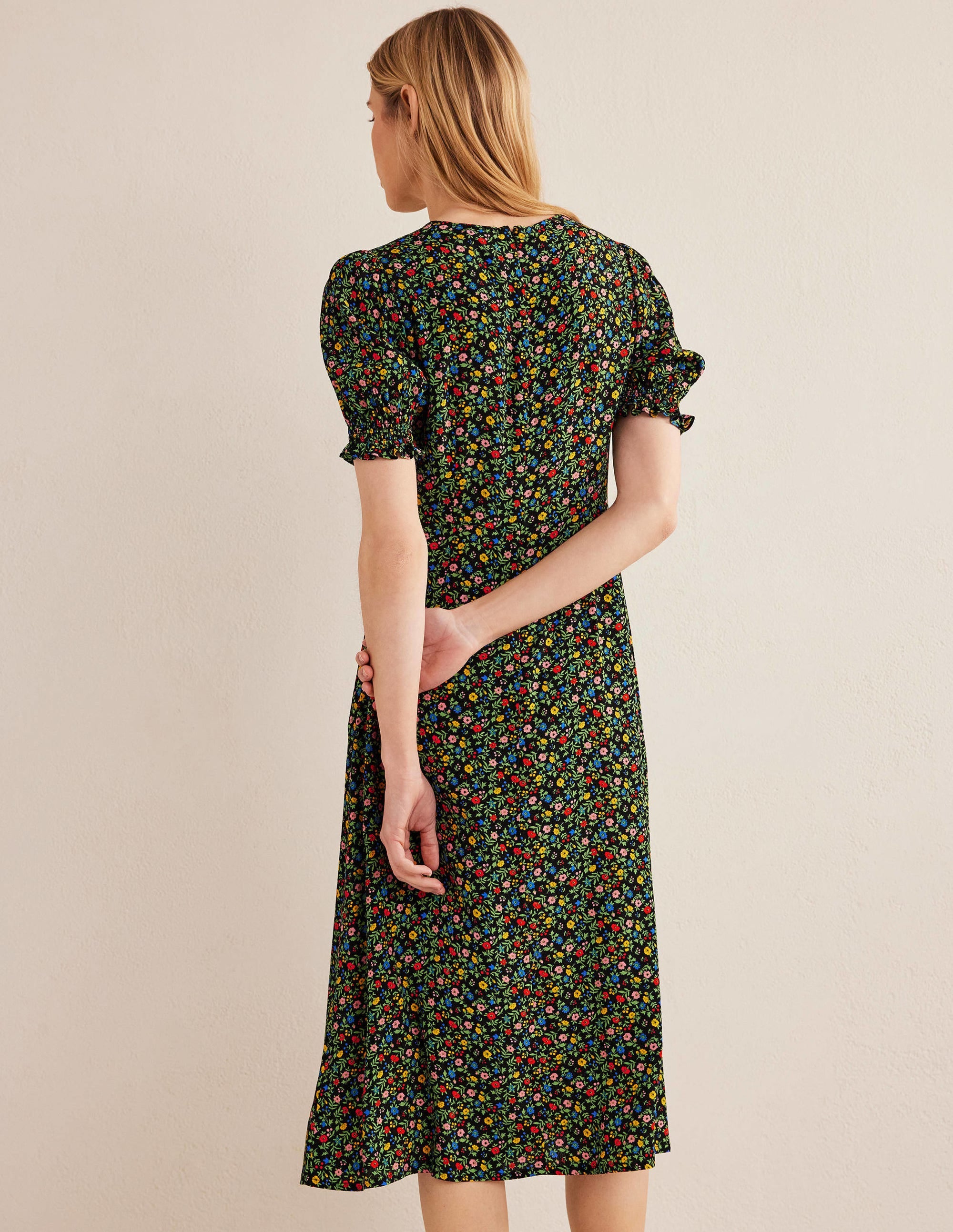Corinne Midi Tea Dress-Black, Petal Foliage - Image 3