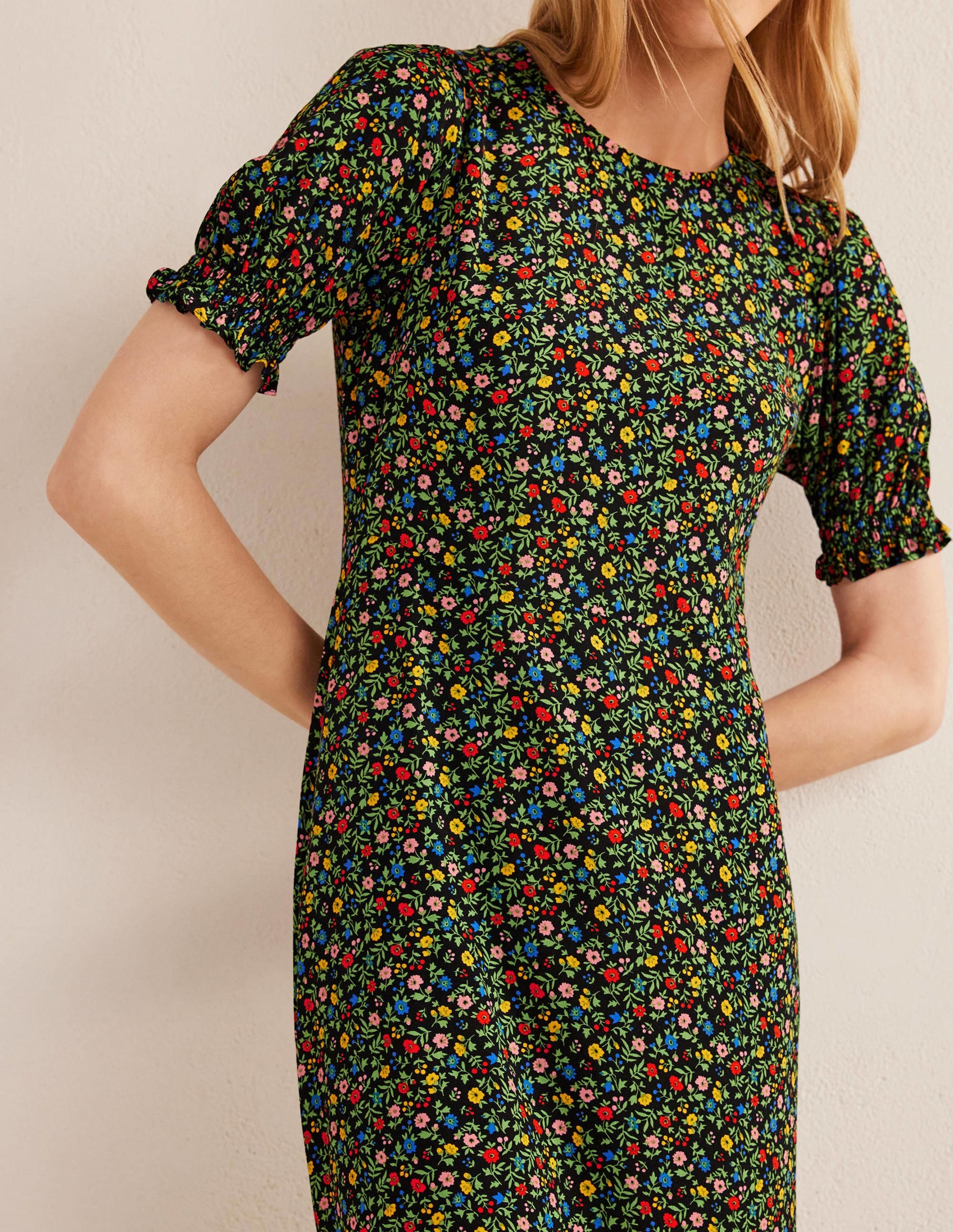 Corinne Midi Tea Dress-Black, Petal Foliage - Image 4