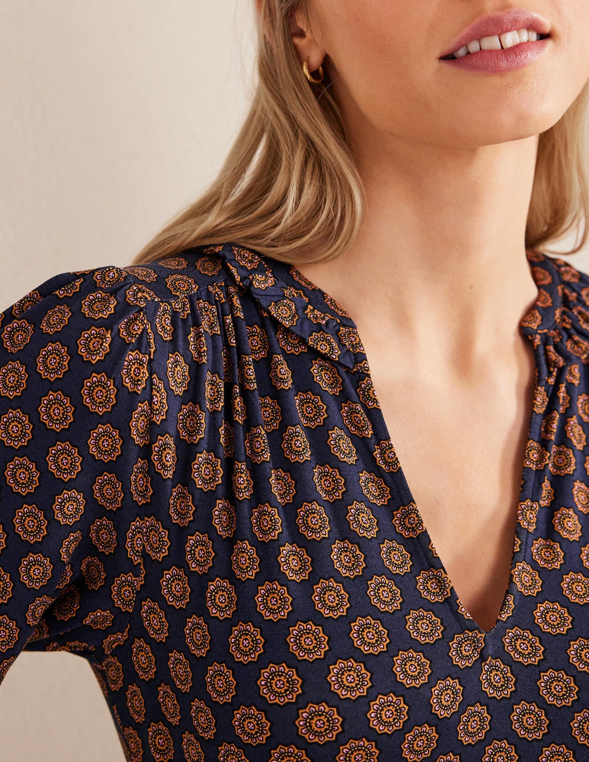 Notch Neck Jersey Dress-French Navy,  Sunflower Geo - Image 2