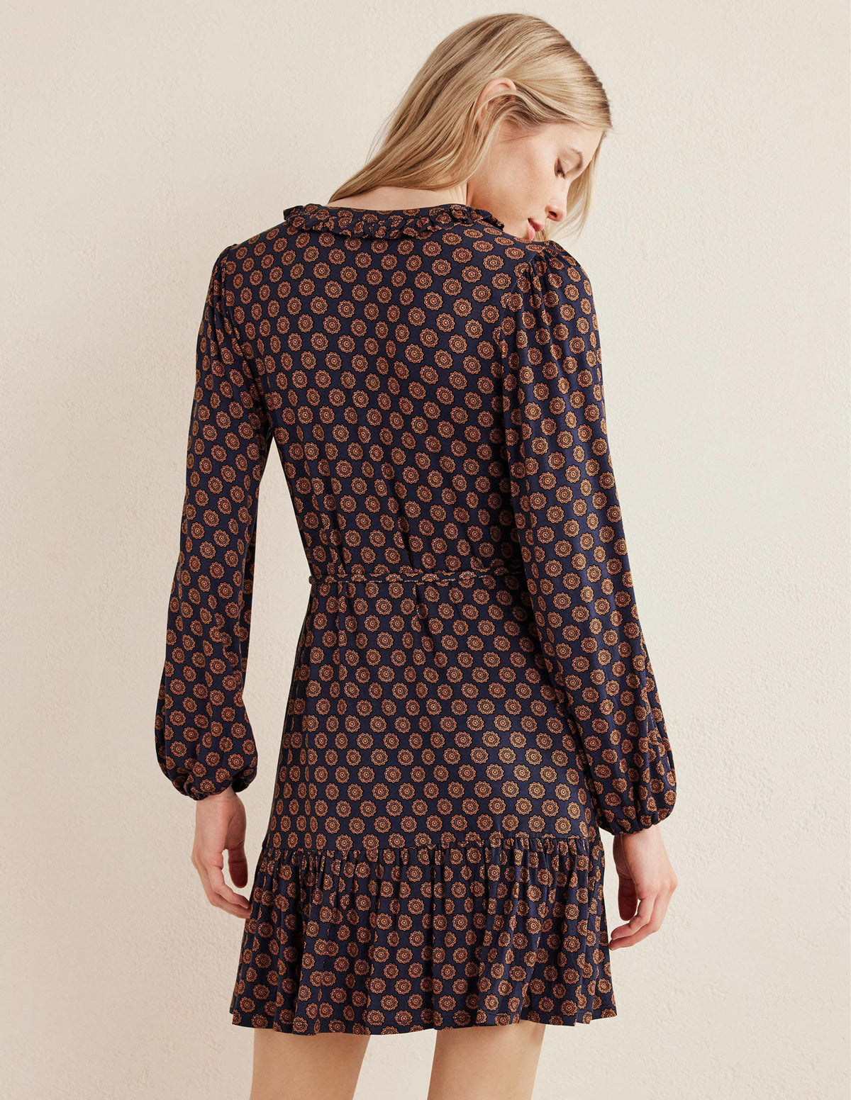 Notch Neck Jersey Dress-French Navy,  Sunflower Geo - Image 3