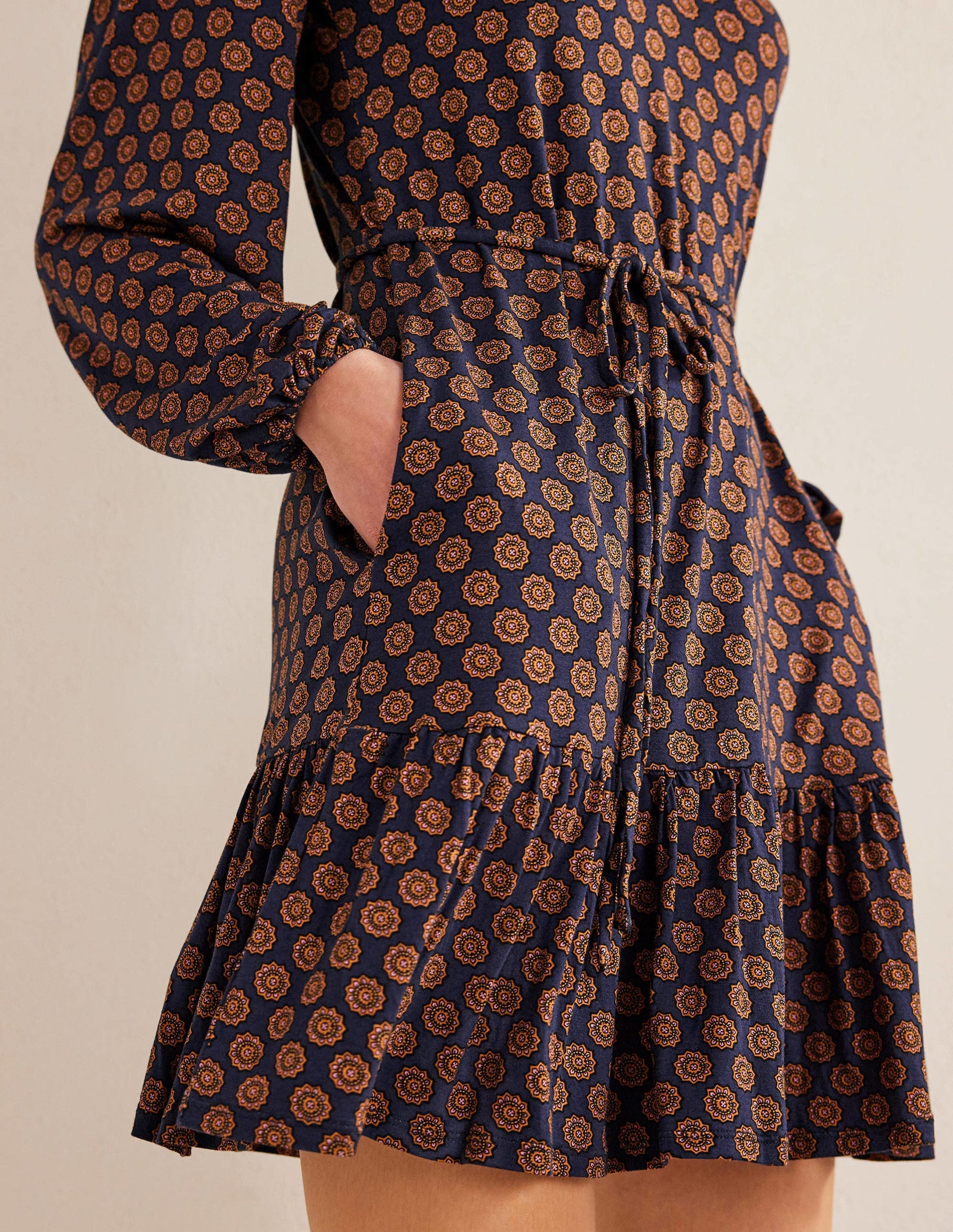 Notch Neck Jersey Dress-French Navy,  Sunflower Geo-4