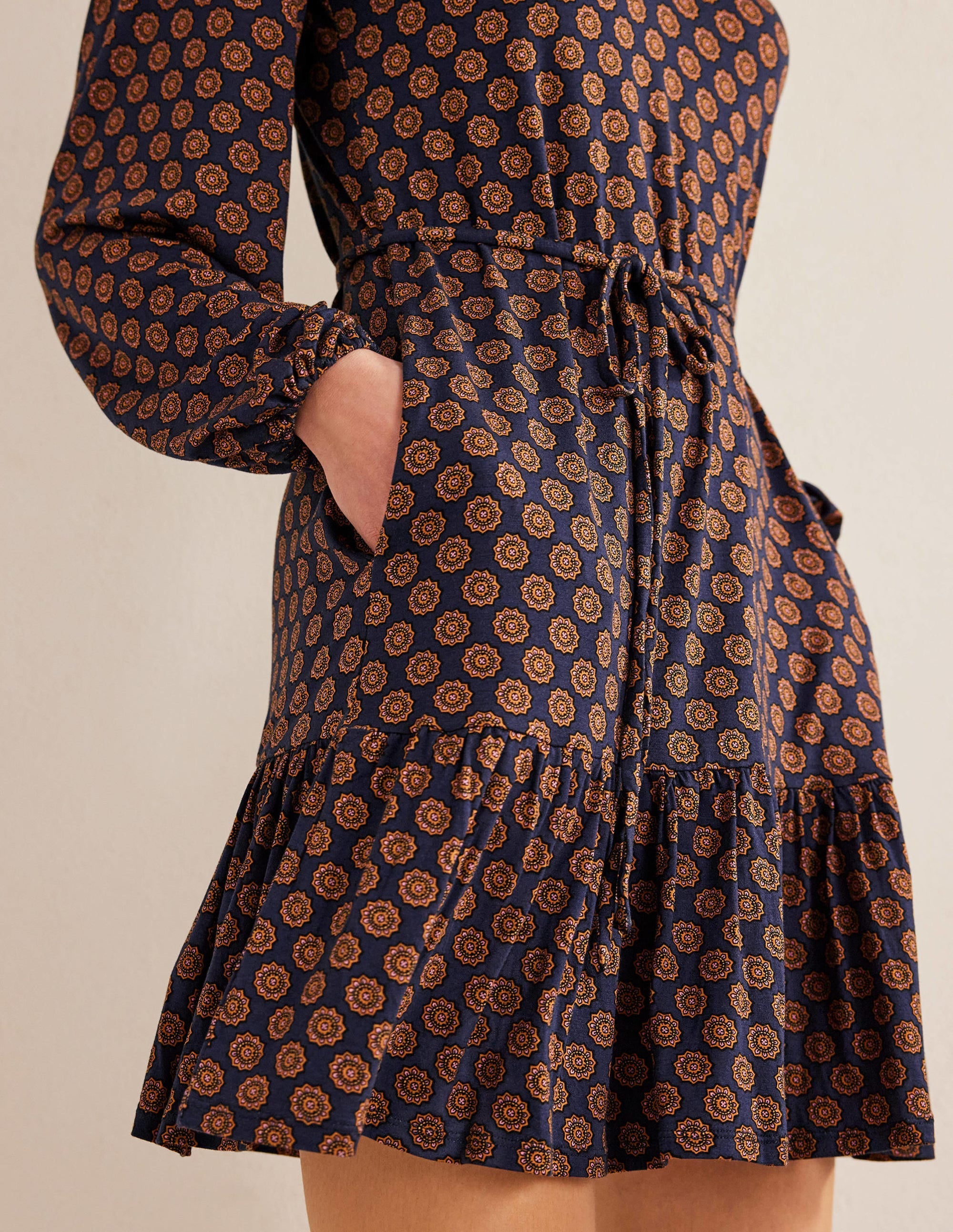 Notch Neck Jersey Dress-French Navy,  Sunflower Geo - Image 4