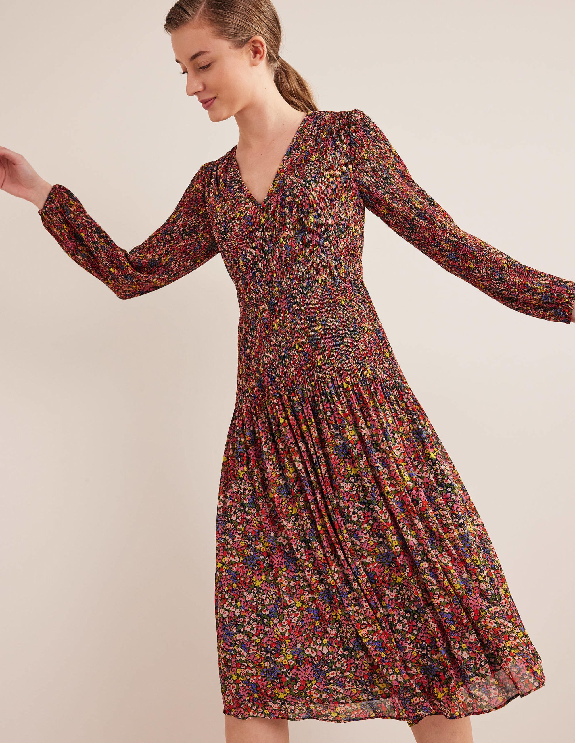 V-neck Plisse Midi Dress-Multi, Gardenia Petal - Image 1
