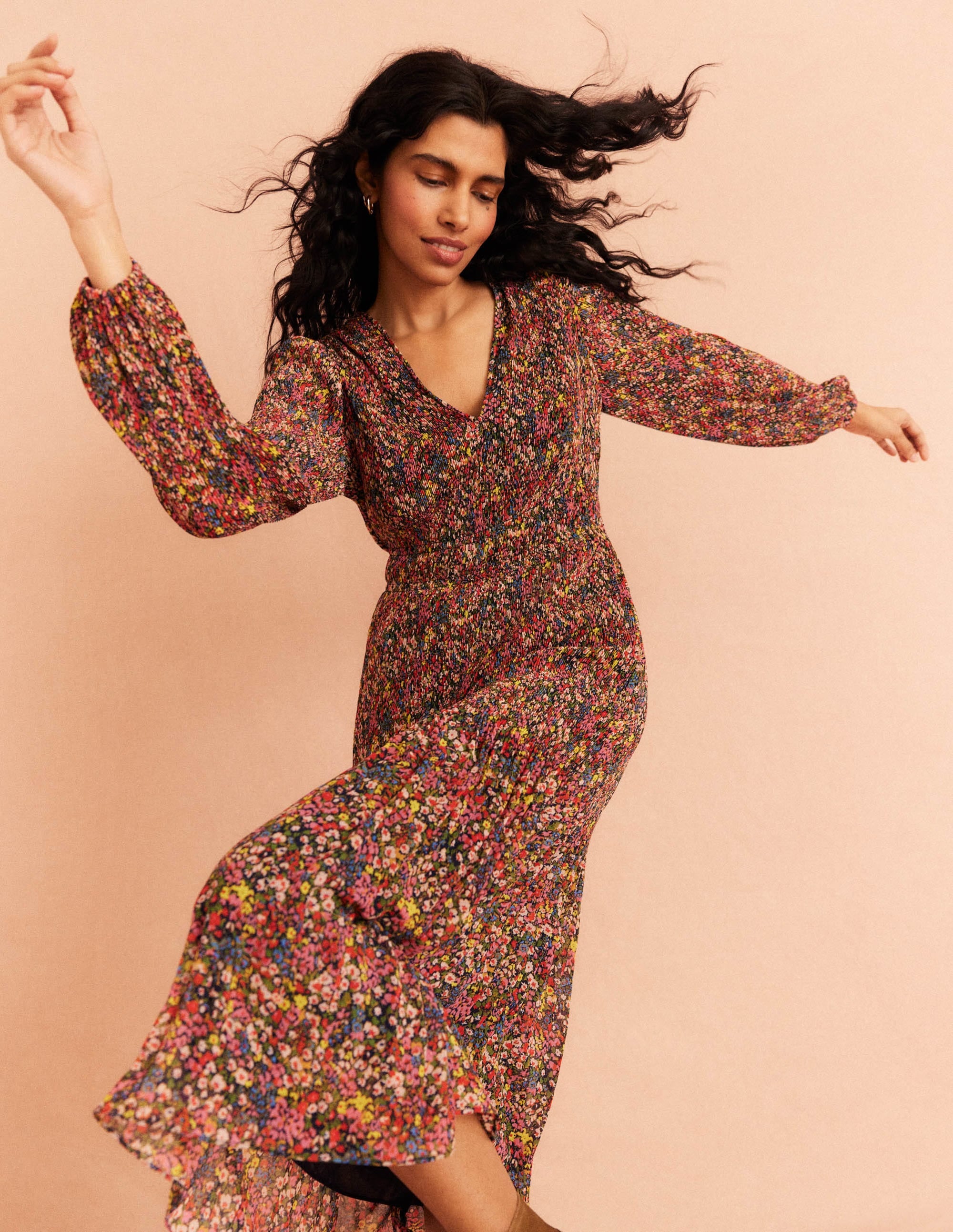 V-neck Plisse Midi Dress-Multi, Gardenia Petal - Image 2