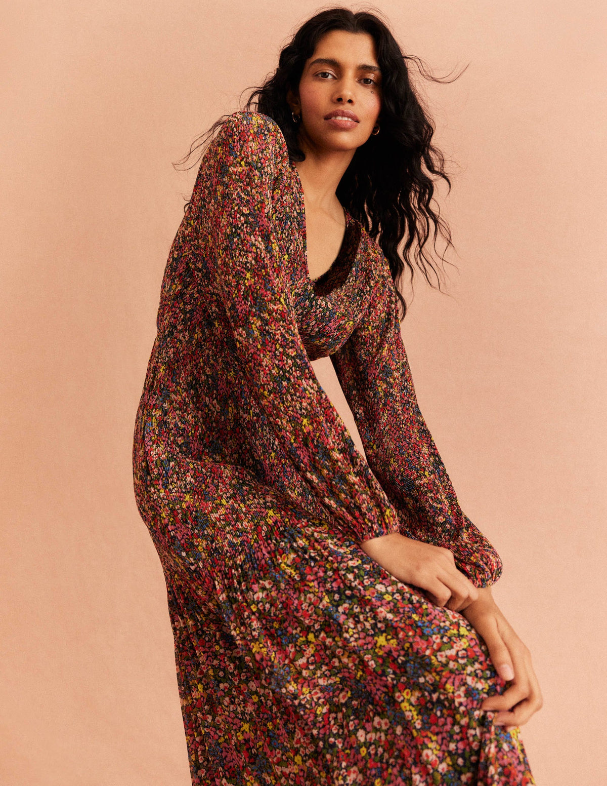 V-neck Plisse Midi Dress-Multi, Gardenia Petal-3