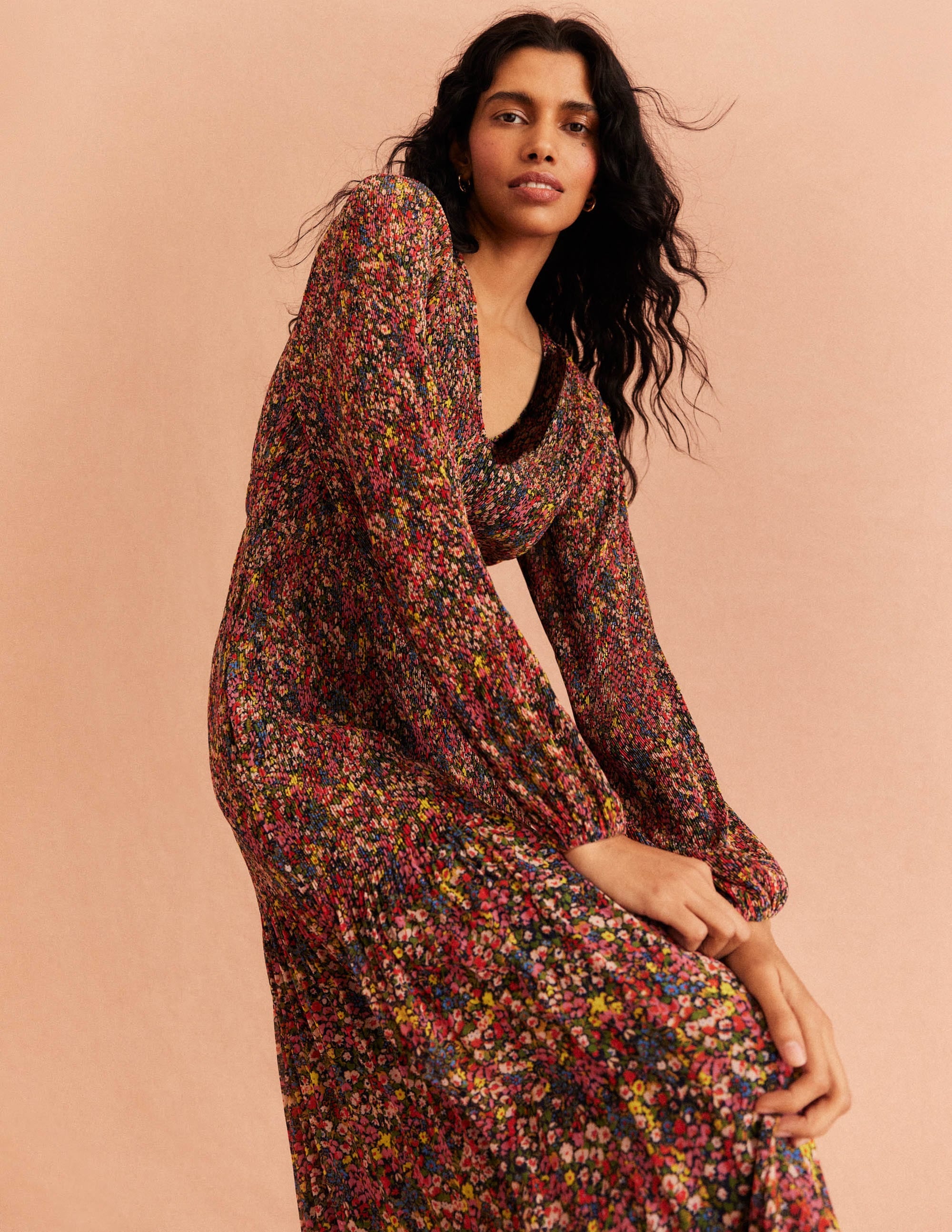 V-neck Plisse Midi Dress-Multi, Gardenia Petal - Image 3