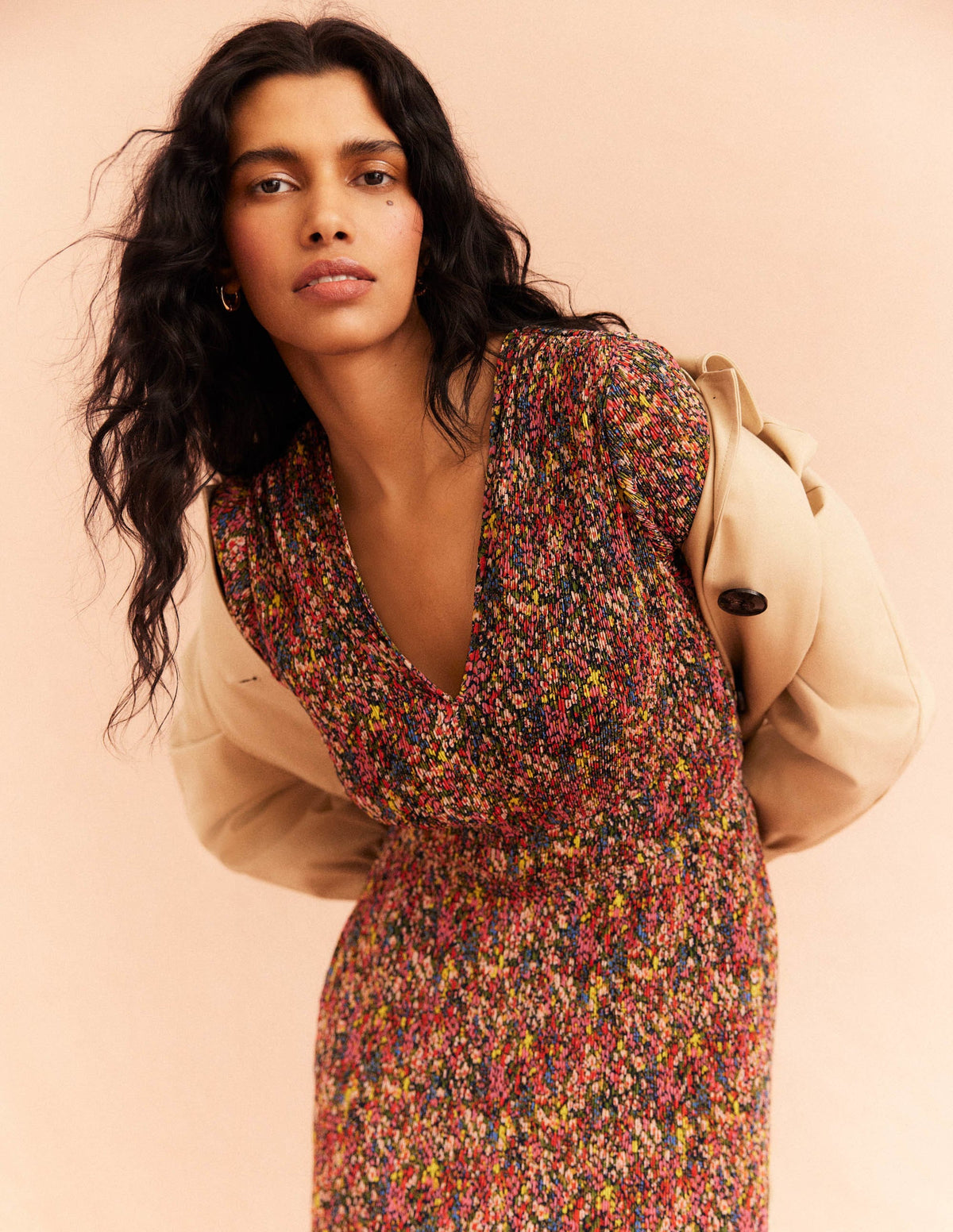 V-neck Plisse Midi Dress-Multi, Gardenia Petal - Image 4