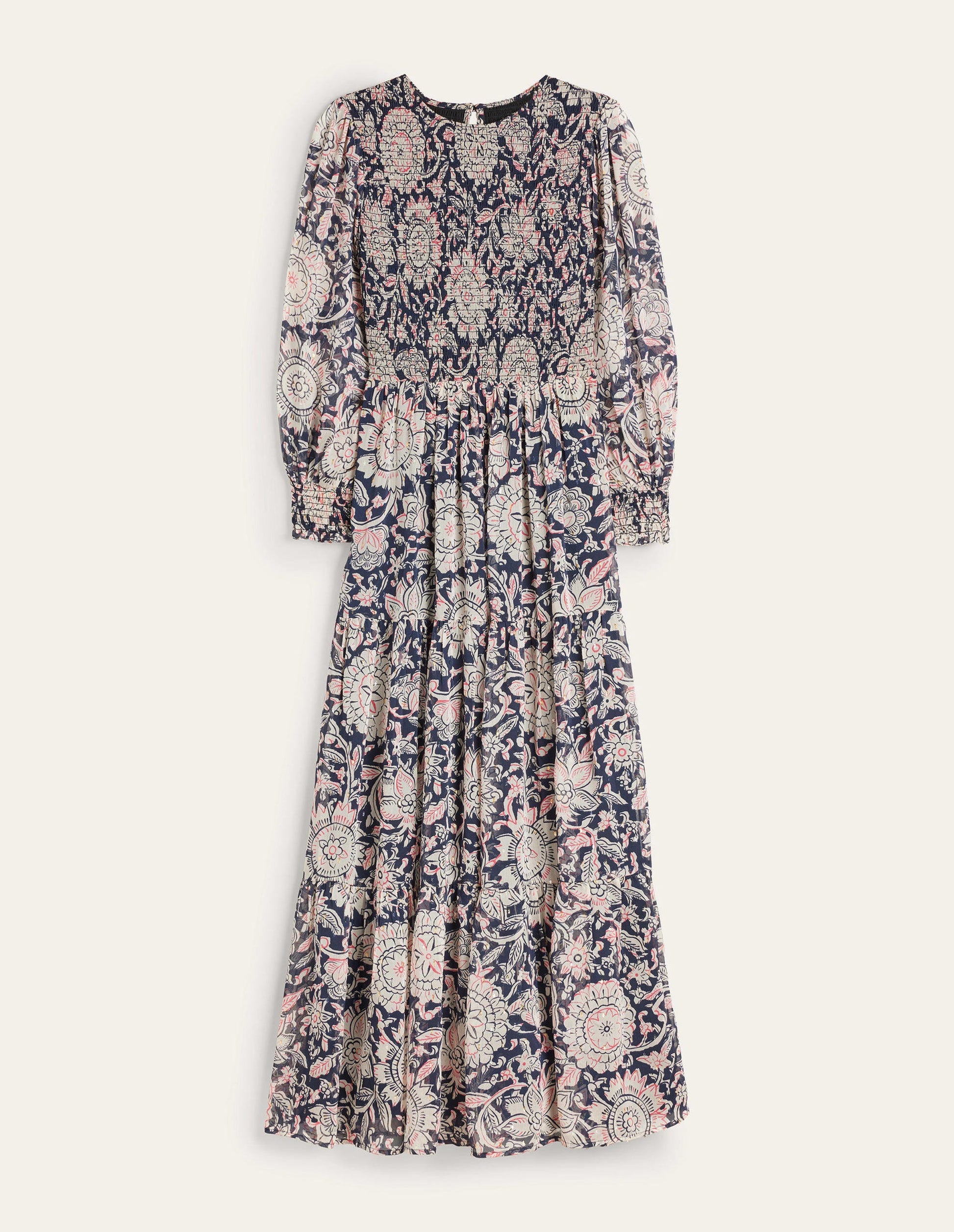 Metallic Smocked Maxi Dress-Popcorn, Floral Tapestry-6
