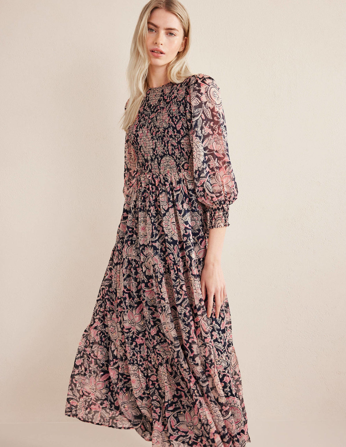Metallic Smocked Maxi Dress-Popcorn, Floral Tapestry - Image 1