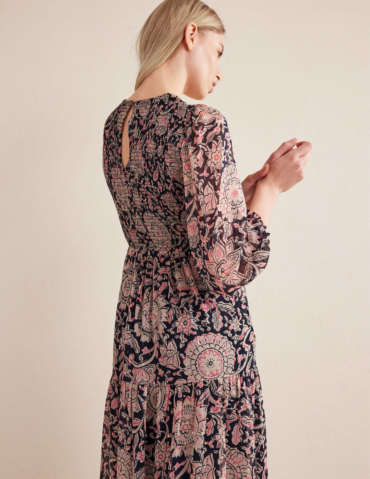 Metallic Smocked Maxi Dress-Popcorn, Floral Tapestry - Image 2