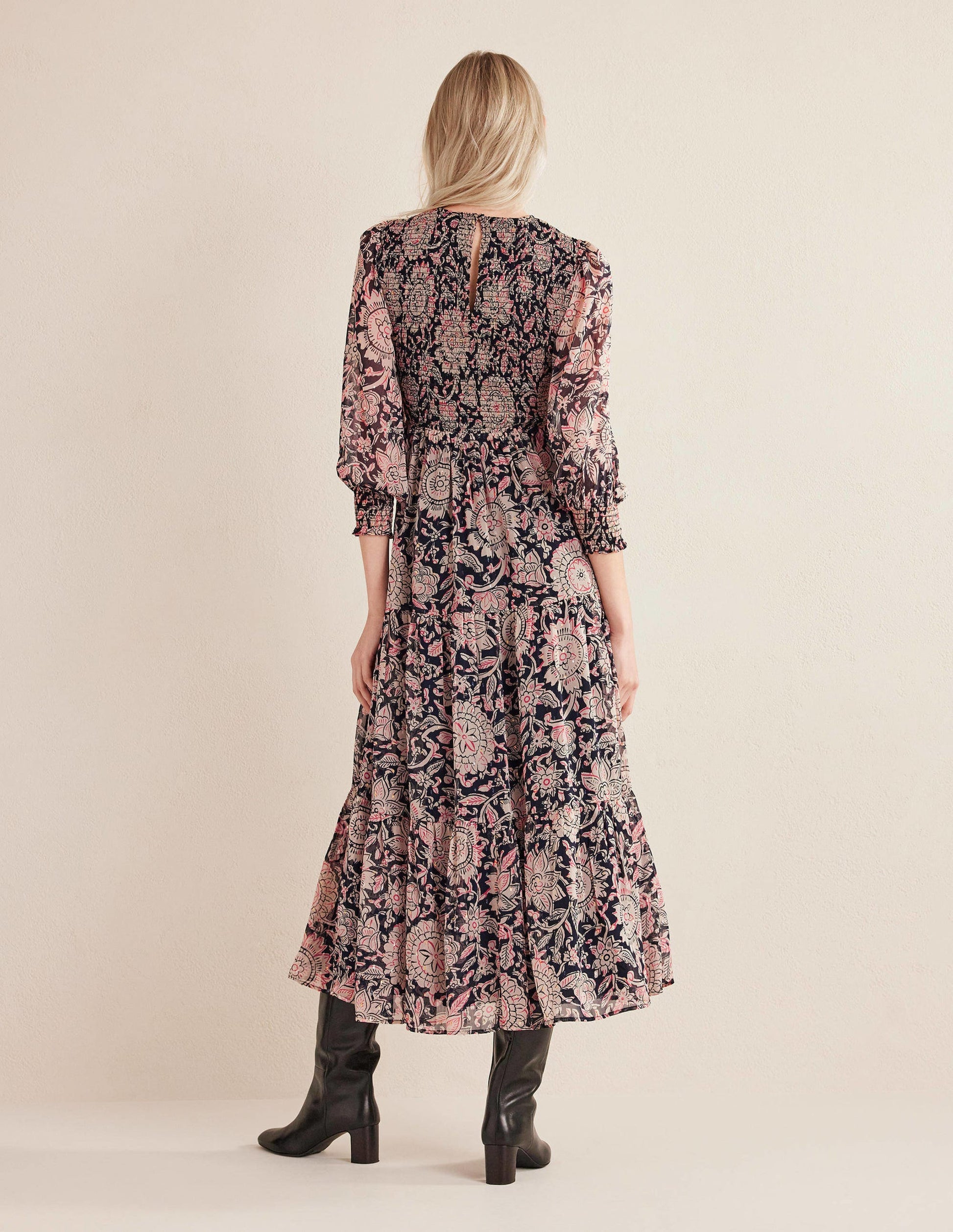 Metallic Smocked Maxi Dress-Popcorn, Floral Tapestry-3