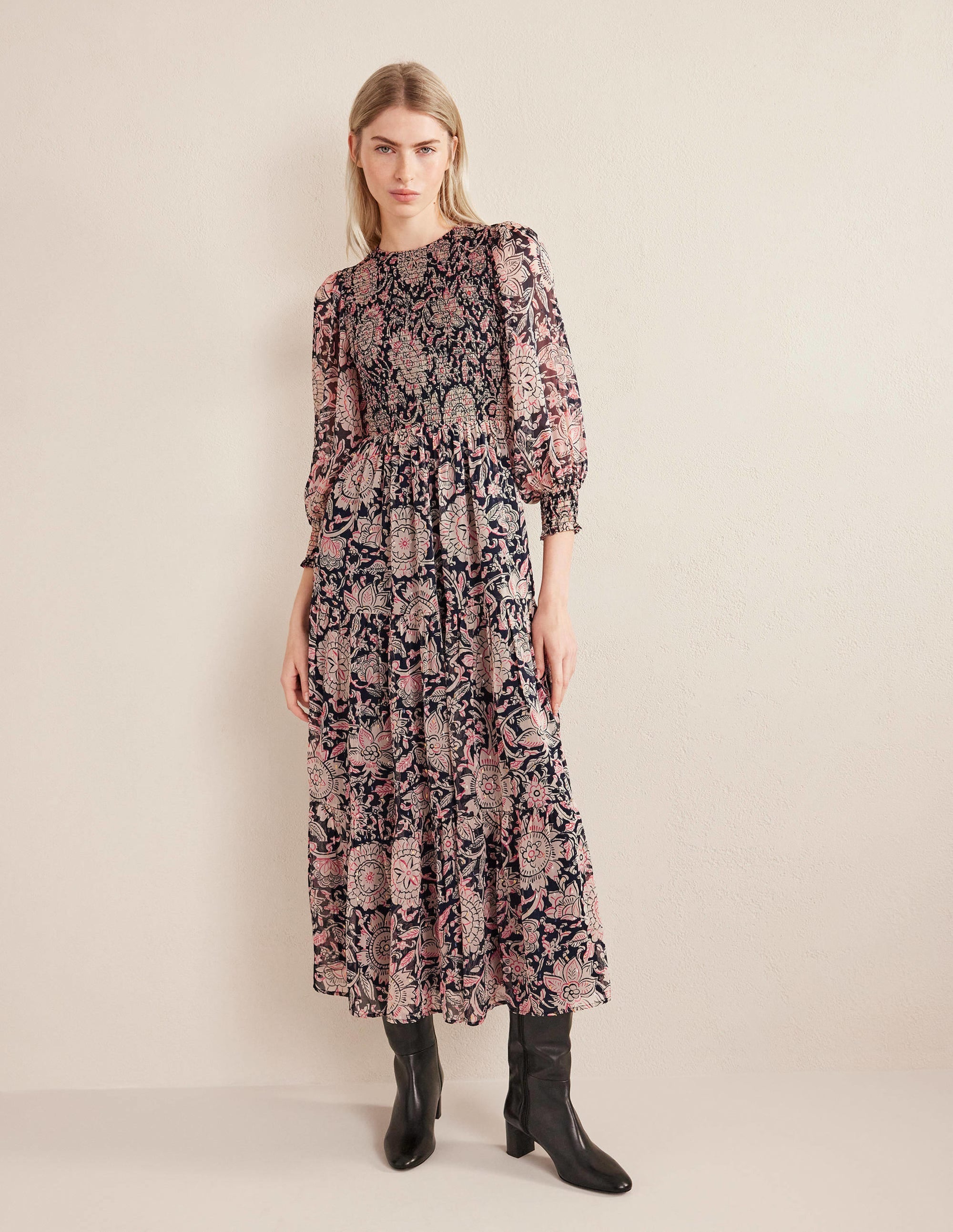 Metallic Smocked Maxi Dress-Popcorn, Floral Tapestry - Image 4