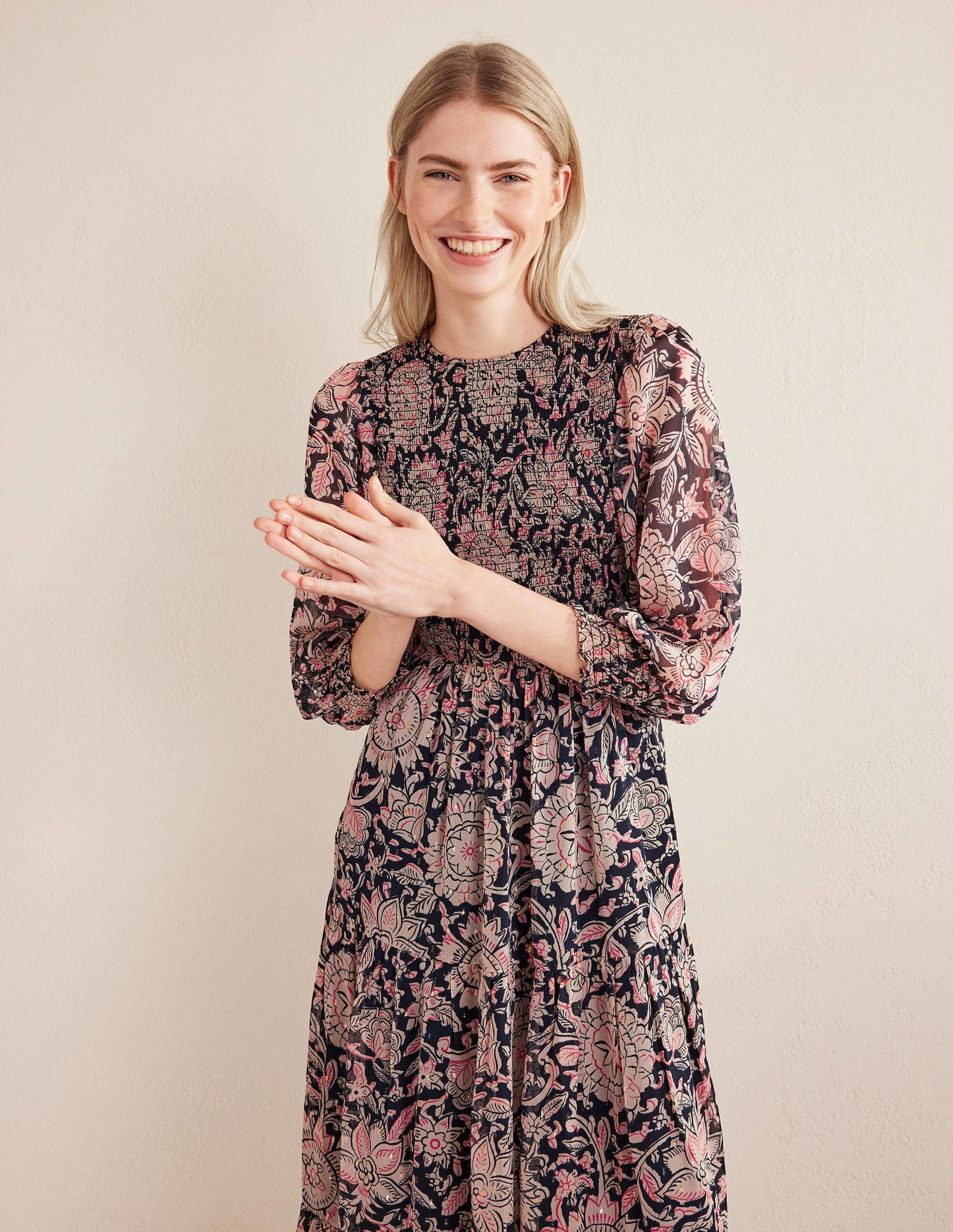 Metallic Smocked Maxi Dress-Popcorn, Floral Tapestry-5