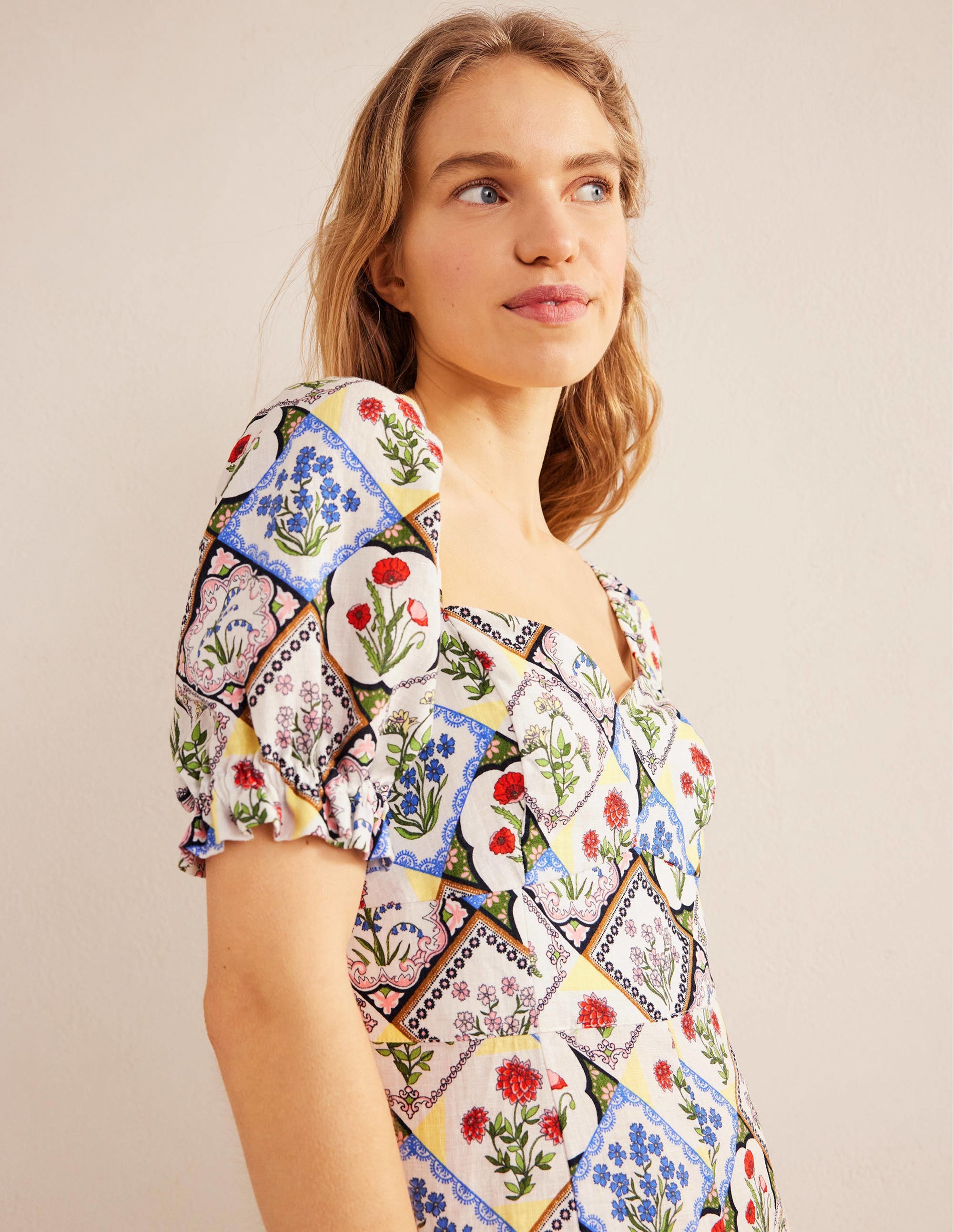 Sweetheart Linen Midi Dress-Ivory, Wild Bluebell - Image 4