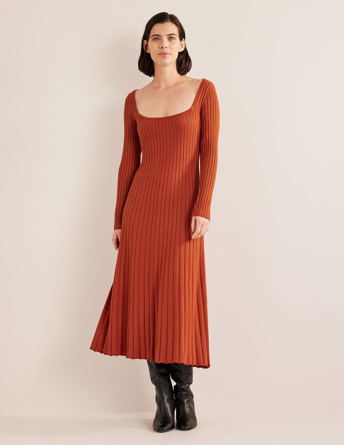 Scoop Neck Knitted Midi Dress-Rust-1