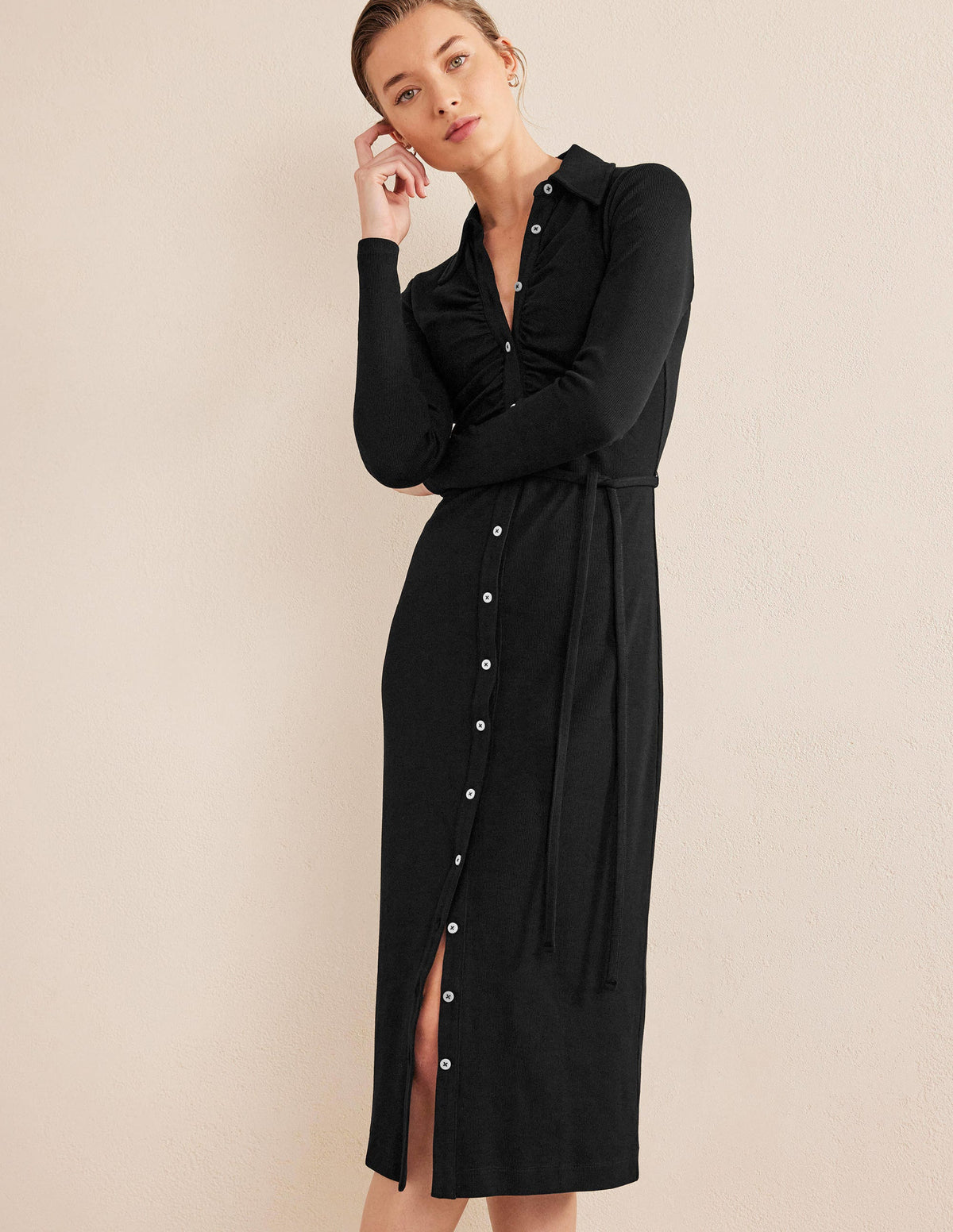 Jersey Ribbed Midi Shirt Dress-Black - Image 1