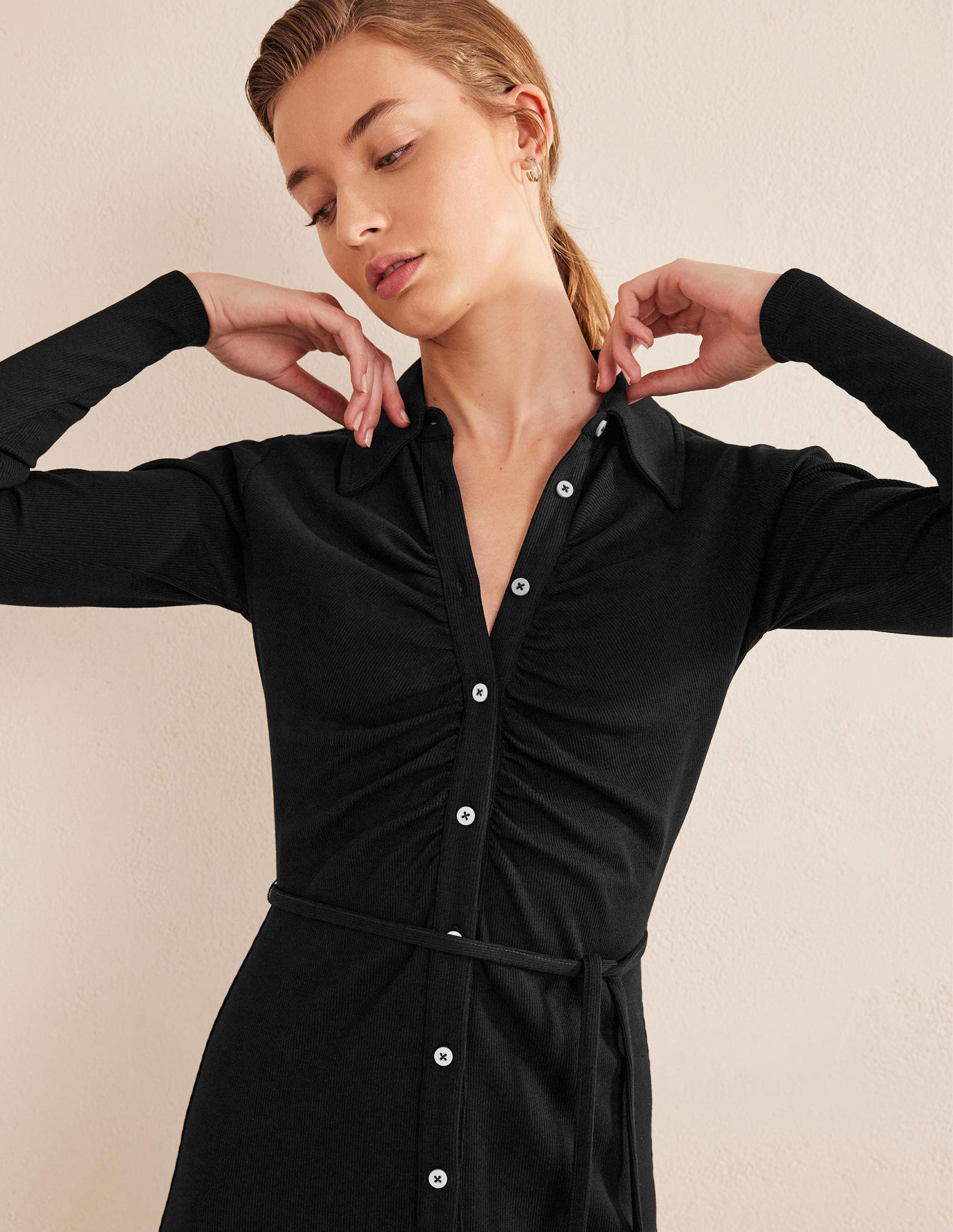 Jersey Ribbed Midi Shirt Dress-Black - Image 2