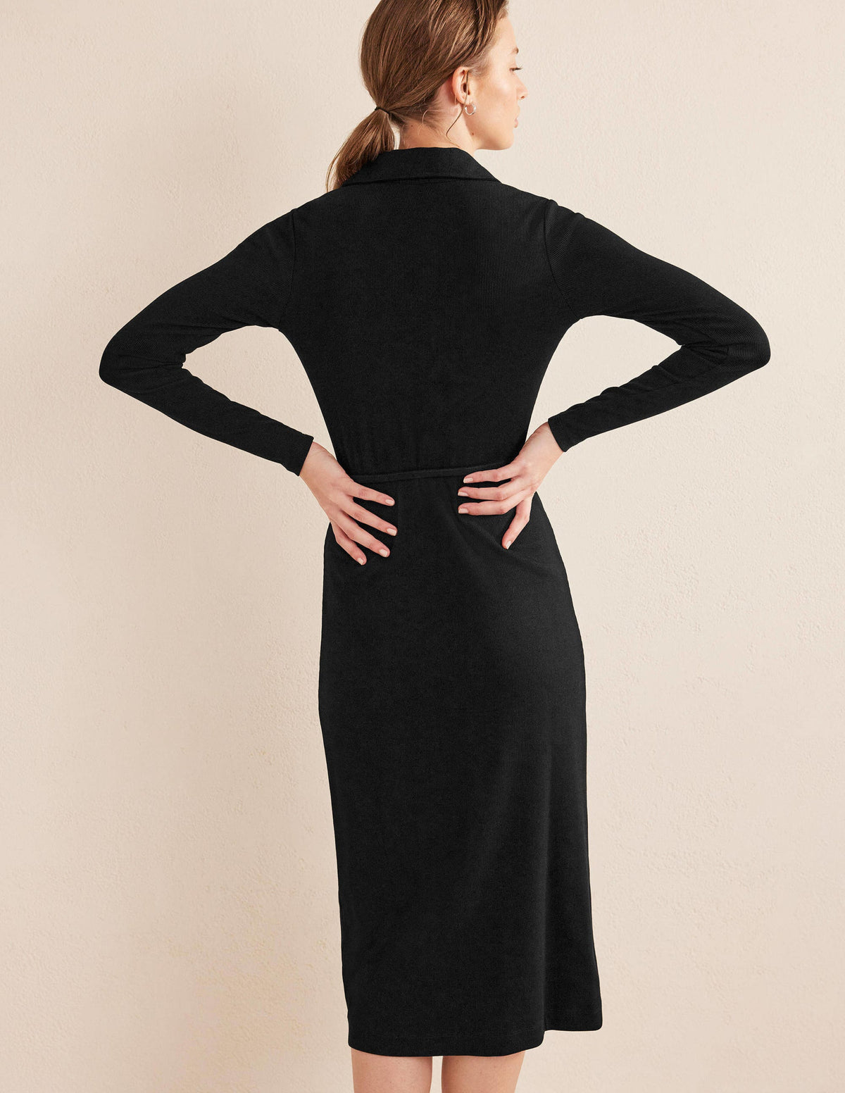 Jersey Ribbed Midi Shirt Dress-Black - Image 3