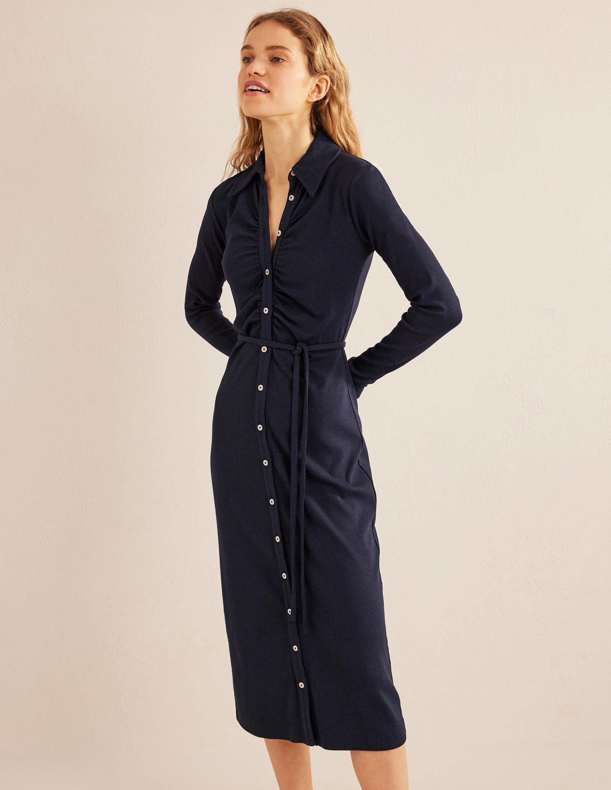 Jersey Ribbed Midi Shirt Dress-Navy-1